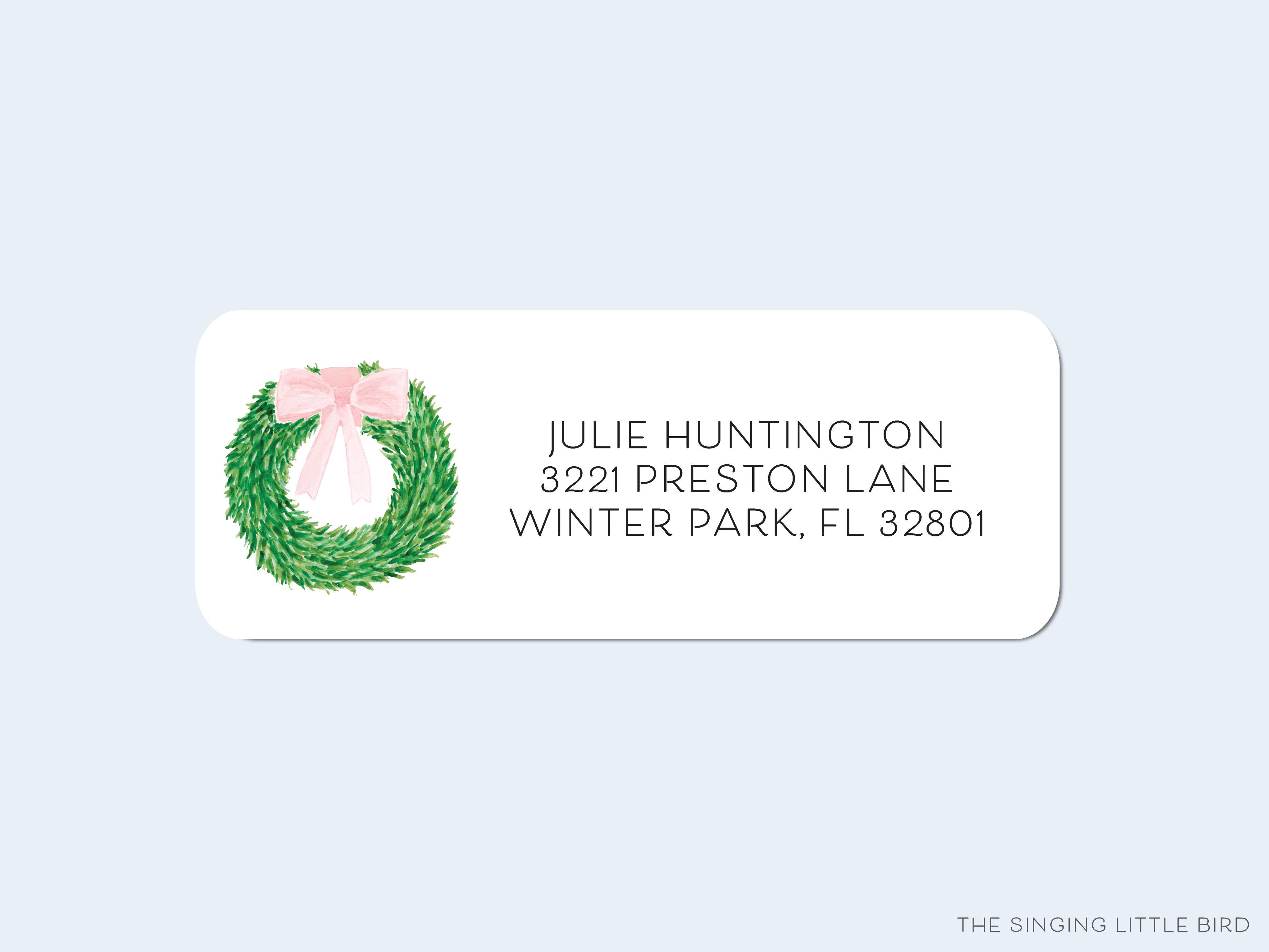Wreath With Pink Bow Return Address Labels-These personalized return address labels are 2.625" x 1" and feature our hand-painted watercolor wreath with pink bow, printed in the USA on beautiful matte finish labels. These make great gifts for yourself or the spring time lover.-The Singing Little Bird