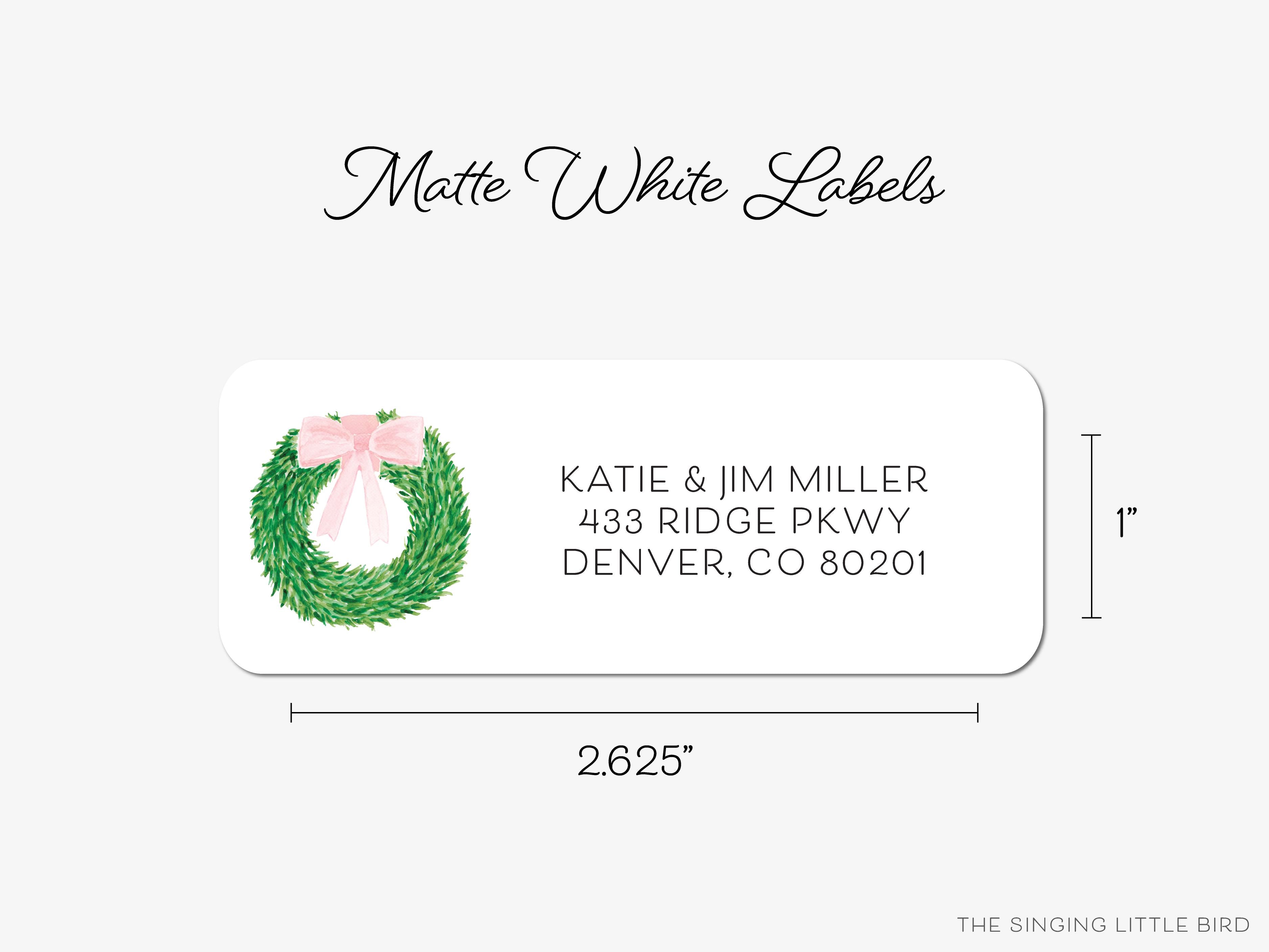 Wreath With Pink Bow Return Address Labels-These personalized return address labels are 2.625" x 1" and feature our hand-painted watercolor wreath with pink bow, printed in the USA on beautiful matte finish labels. These make great gifts for yourself or the spring time lover.-The Singing Little Bird