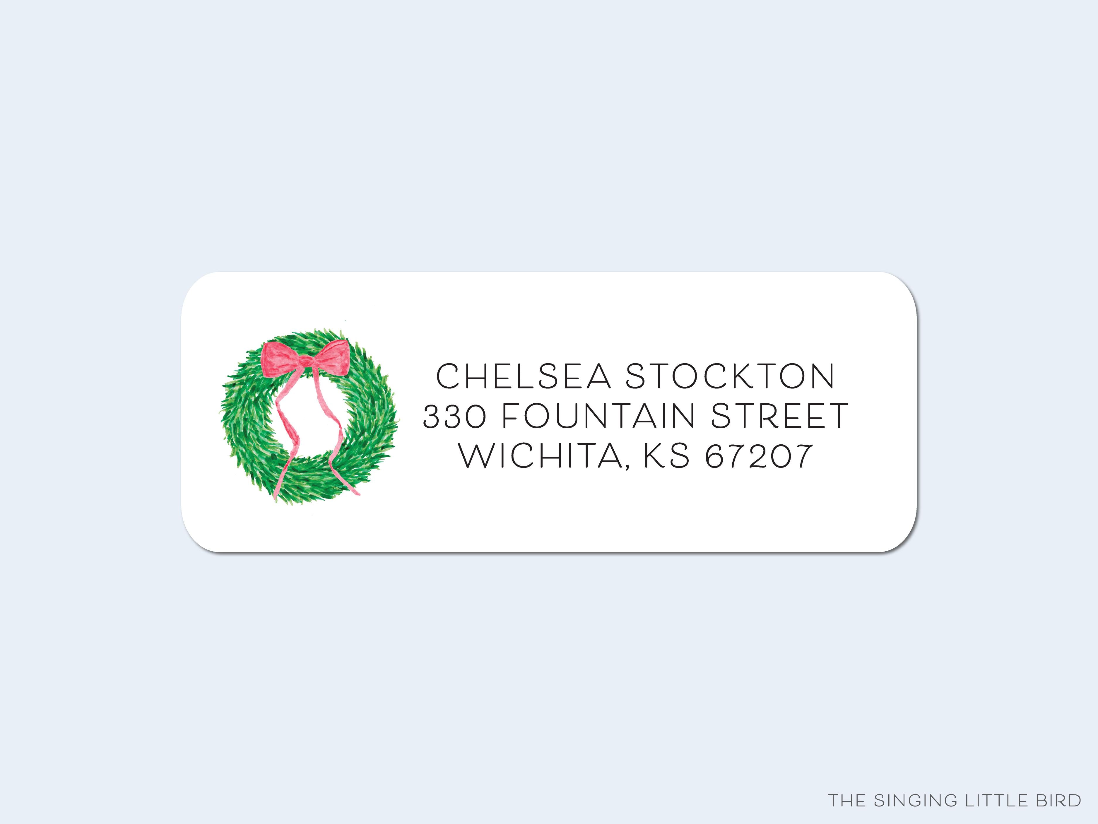 Wreath With Red Bow Return Address Labels-These personalized return address labels are 2.625" x 1" and feature our hand-painted watercolor wreath with red bow, printed in the USA on beautiful matte finish labels. These make great gifts for yourself or the Christmas wreath lover.-The Singing Little Bird