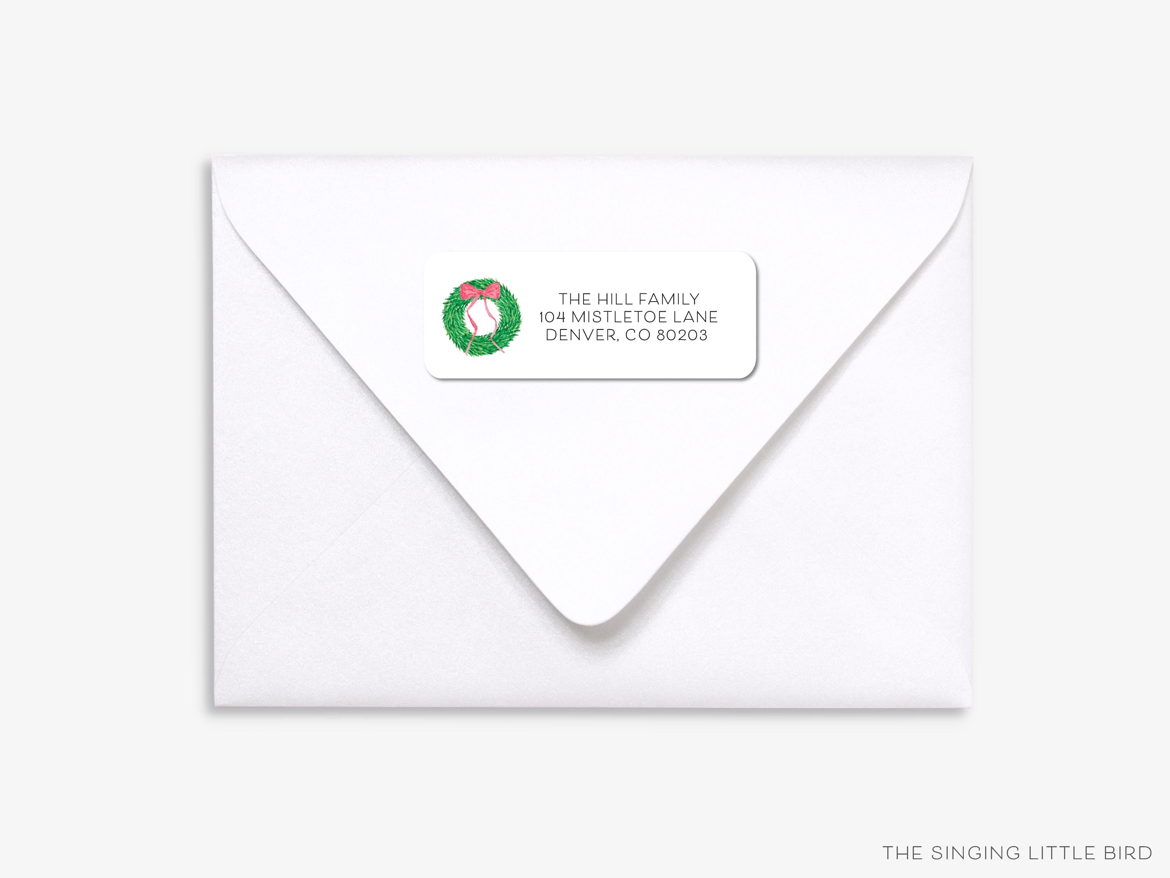 Wreath With Red Bow Return Address Labels-These personalized return address labels are 2.625" x 1" and feature our hand-painted watercolor wreath with red bow, printed in the USA on beautiful matte finish labels. These make great gifts for yourself or the Christmas wreath lover.-The Singing Little Bird