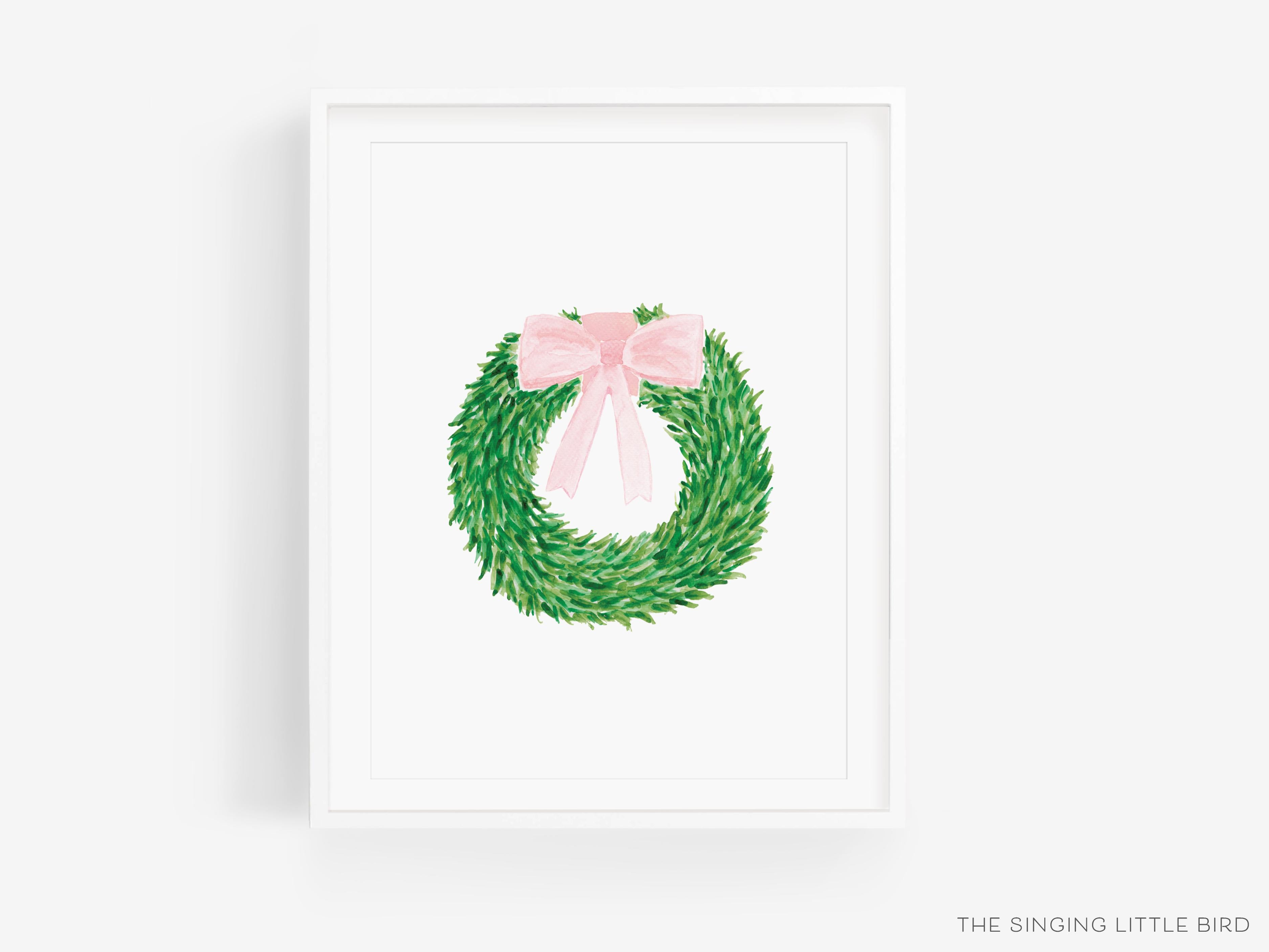 Wreath with Pink Bow Art Print-This watercolor art print features our hand-painted wreath with bow, printed in the USA on 120lb high quality art paper. This makes a great gift or wall decor for the spring time lover in your life.-The Singing Little Bird