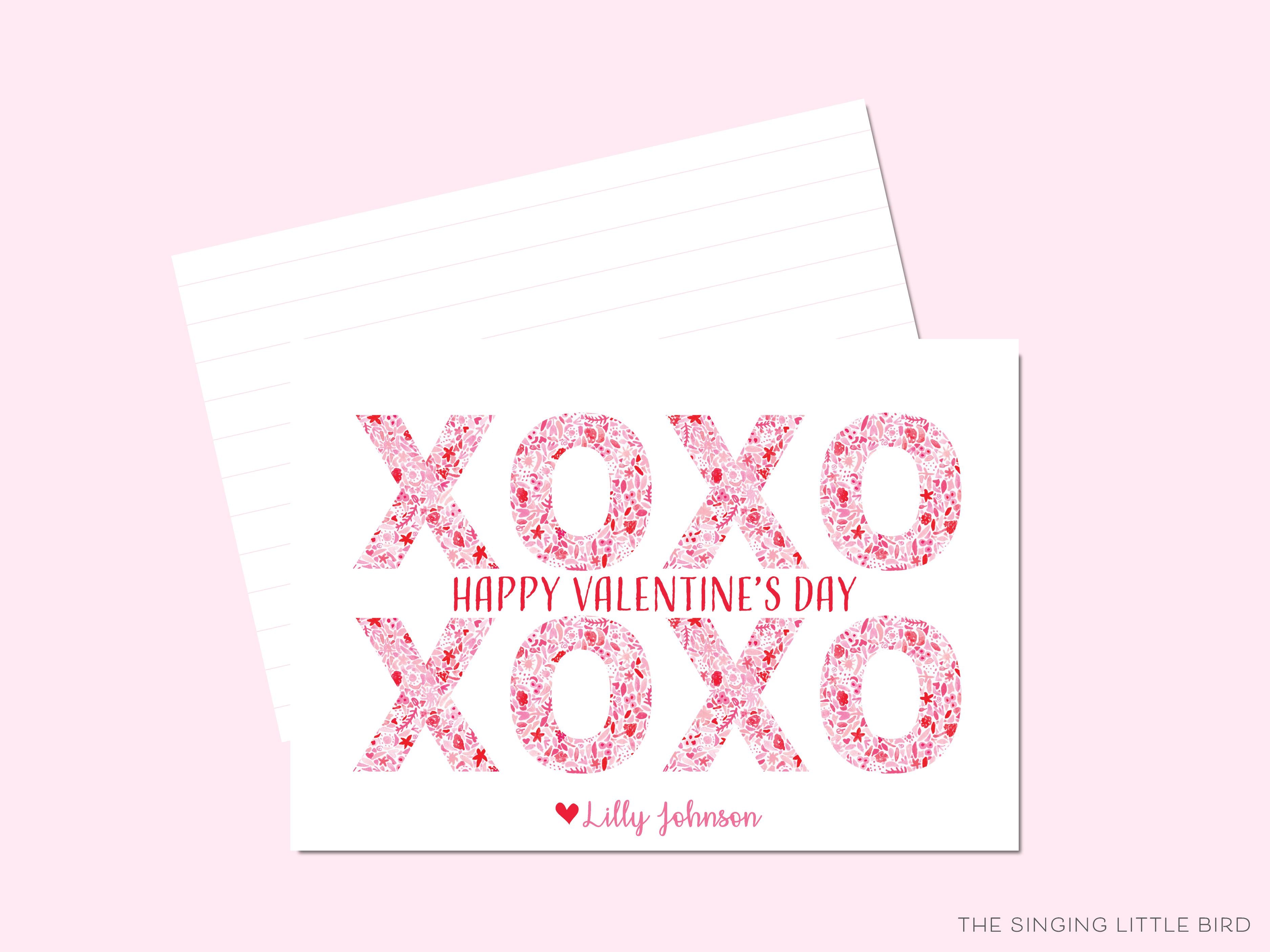 XOXO Pink and Red Pattern Valentine's Day Cards-These personalized flat notecards are 3.5" x 4.875 and feature our hand-painted watercolor xoxo, printed in the USA on 120lb textured stock. They come with white envelopes and make great Valentine's Day cards for kids.-The Singing Little Bird