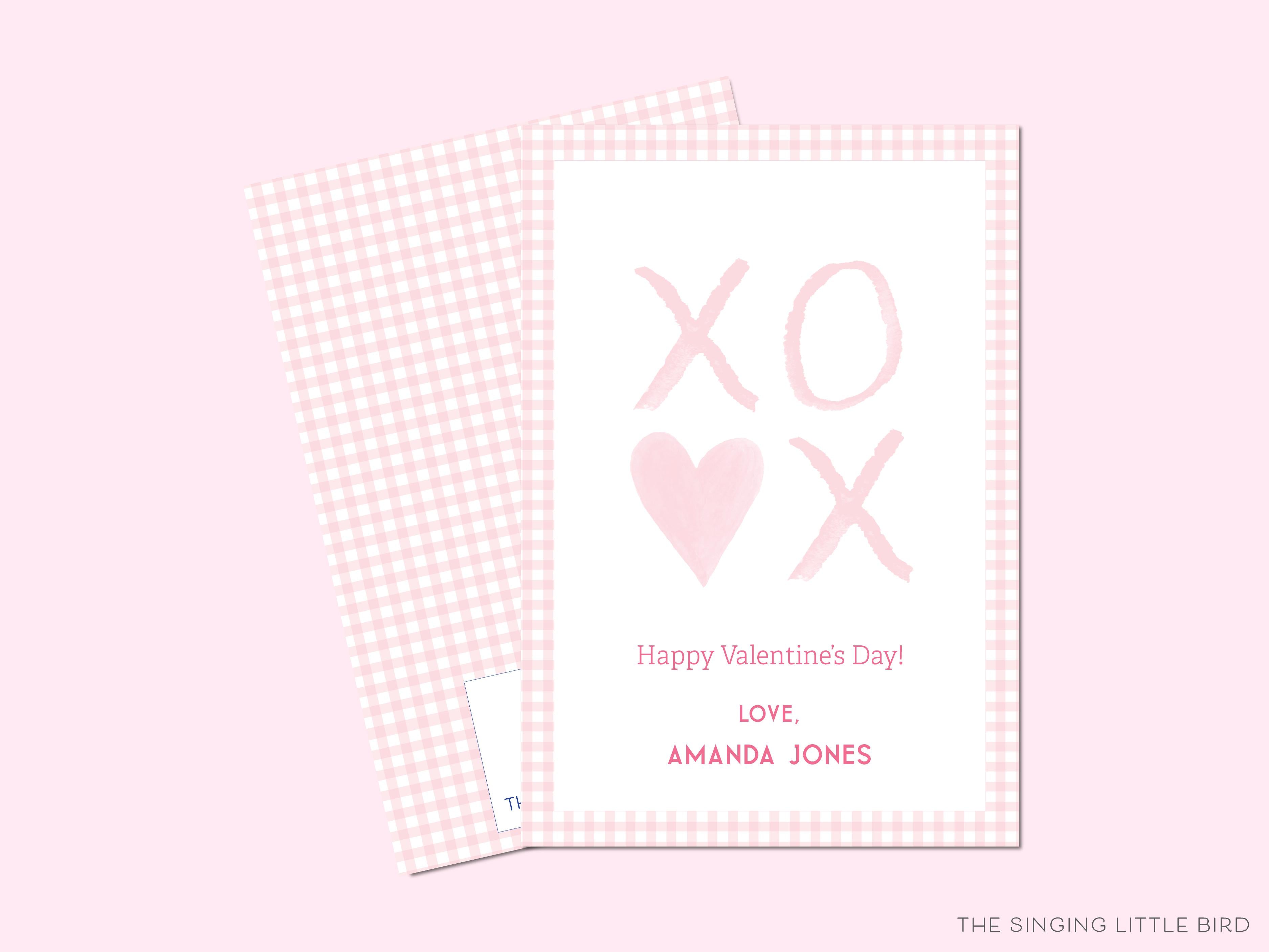 XOXO Pink and White Valentine's Day Cards-These personalized flat notecards are 3.5" x 4.875 and feature our hand-painted watercolor xoxo, printed in the USA on 120lb textured stock. They come with white envelopes and make great Valentine's Day cards for kids.-The Singing Little Bird