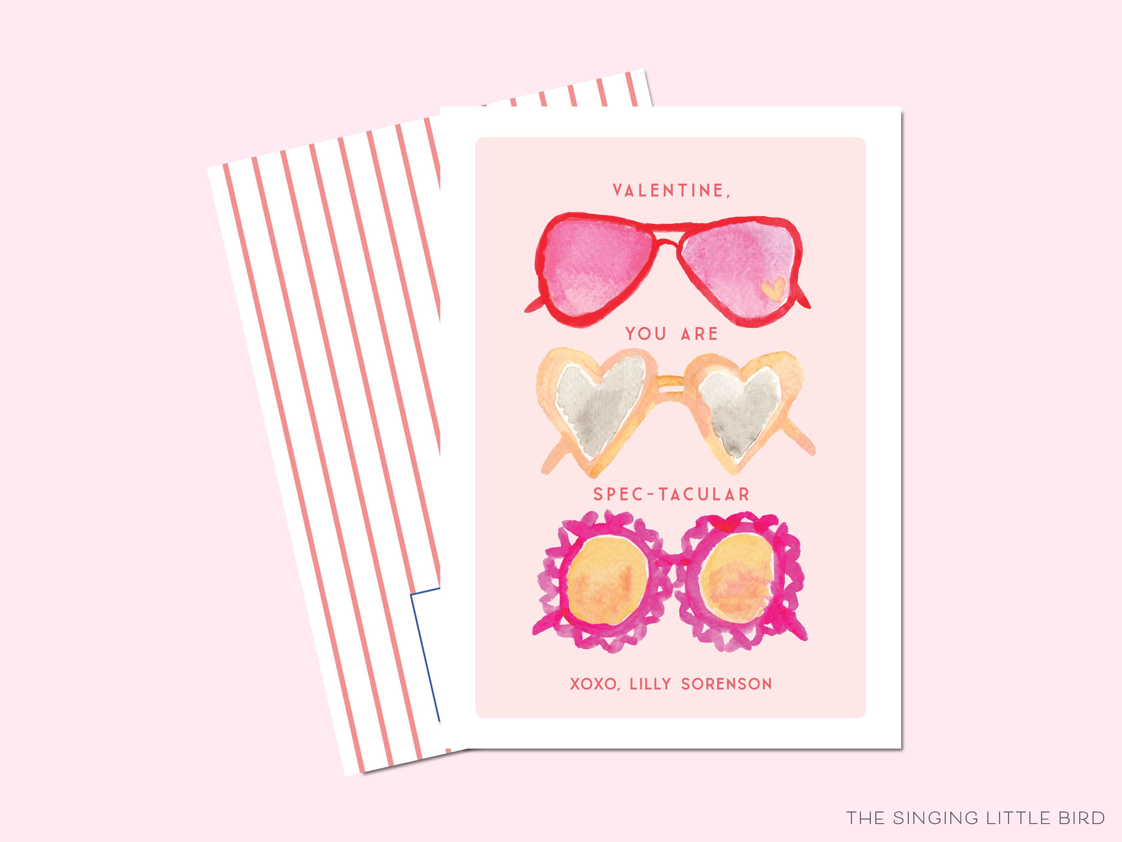You Are Spectacular Valentine's Day Cards-These personalized flat notecards are 3.5" x 4.875 and feature our hand-painted watercolor sunglasses, printed in the USA on 120lb textured stock. They come with white envelopes and make great Valentine's Day cards for kids and sunny lovers in your life.-The Singing Little Bird
