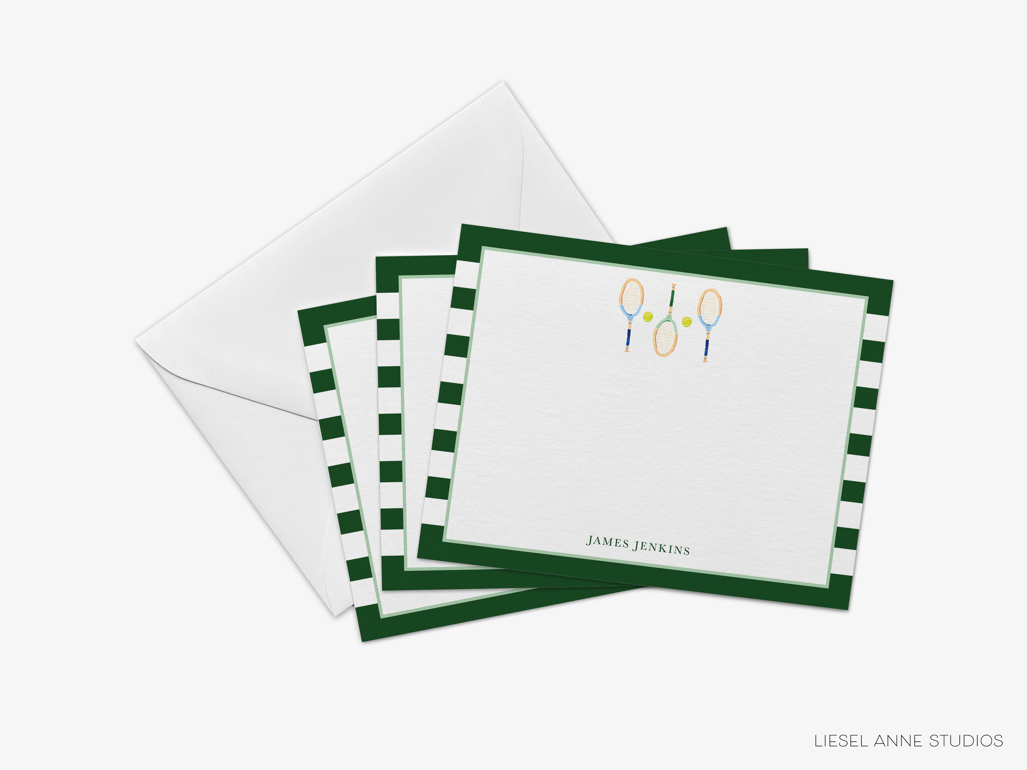 a set of green and white striped postcards with tennis rackets on them, arranged on a white background.