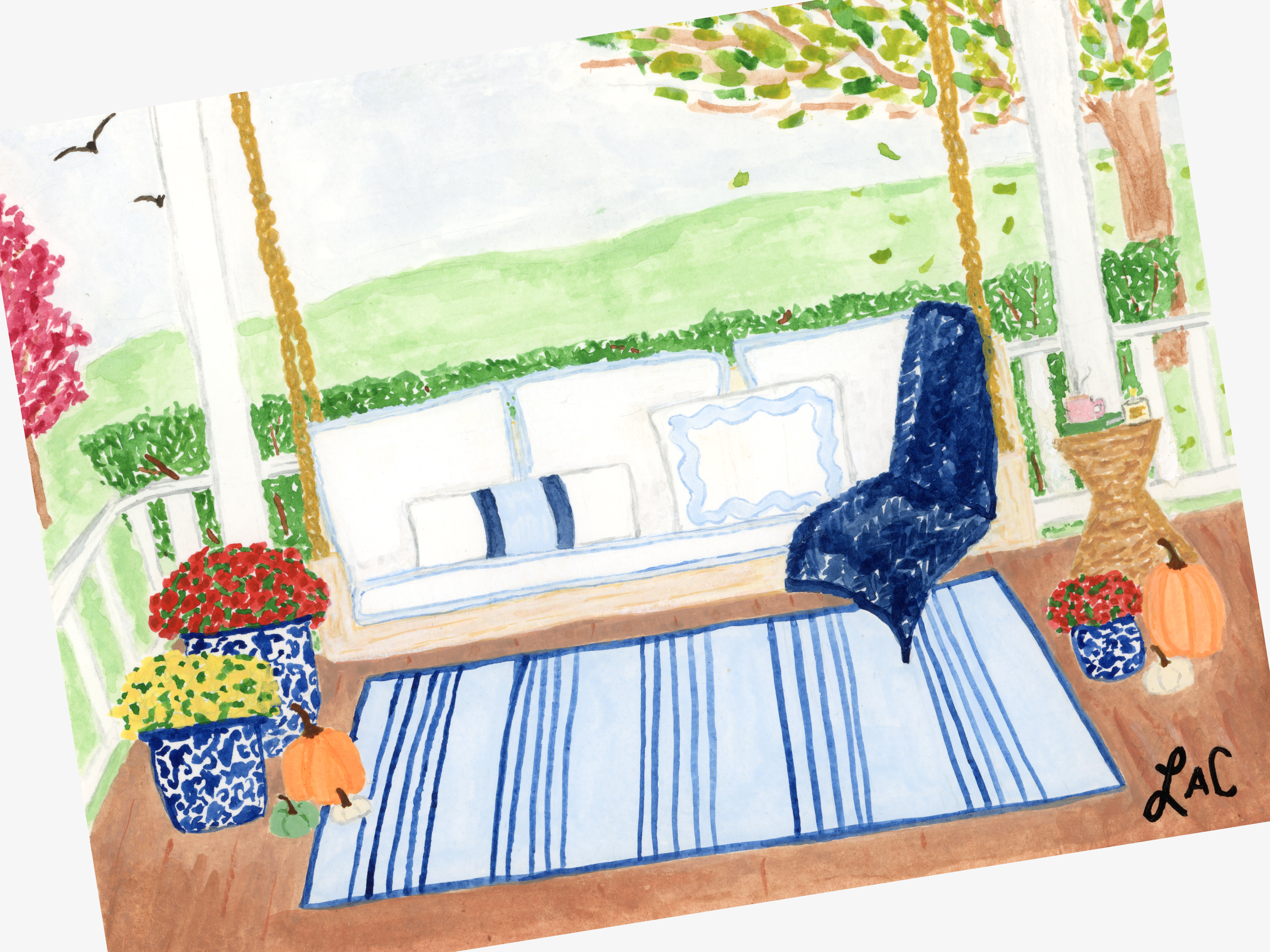 A colorful painting depicting a porch with a swing, a blue chair, and various decorative elements such as potted plants and pumpkins.