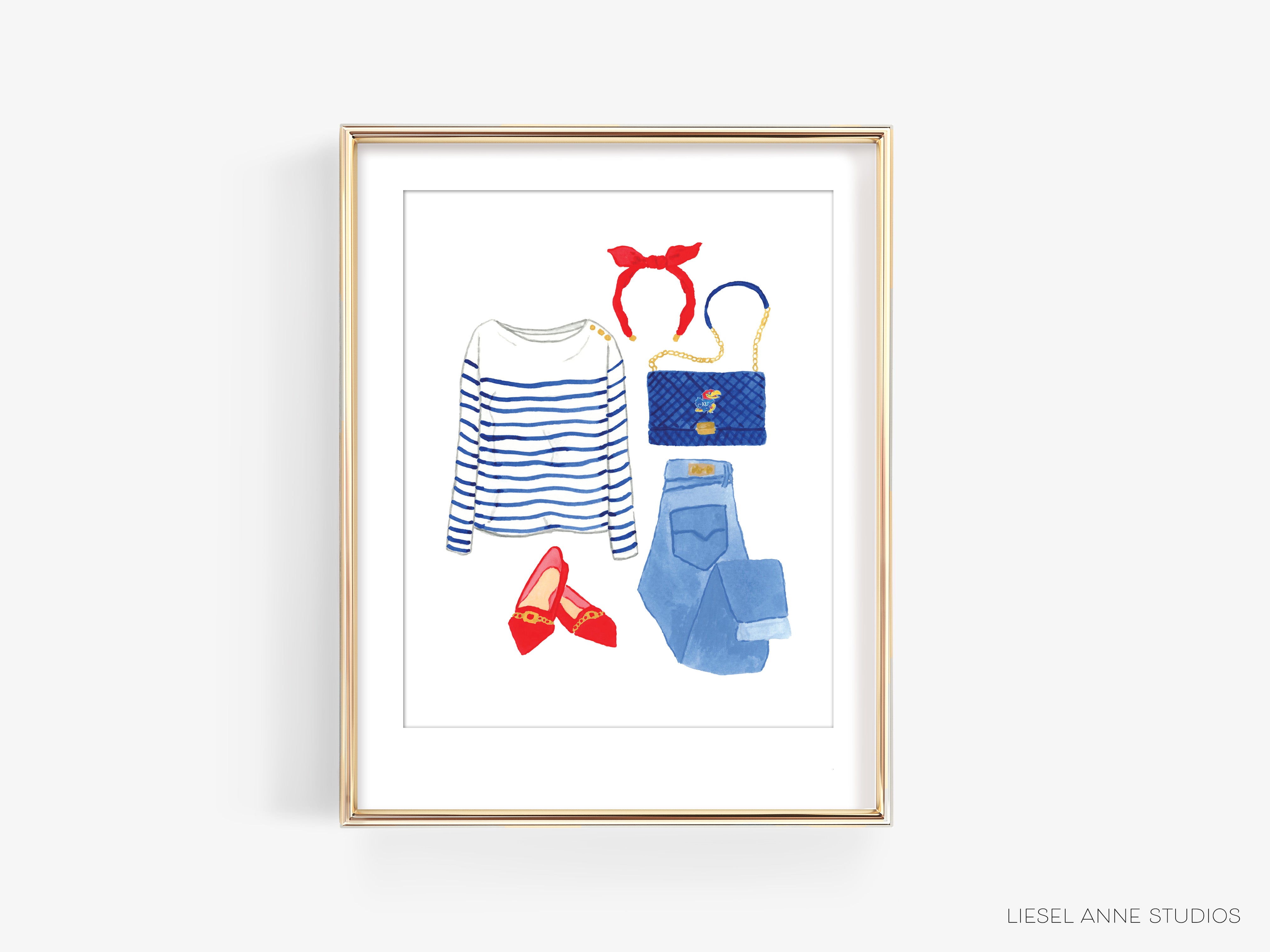 A framed illustration of a striped shirt, red headband, blue jeans, red shoes, and a blue purse.