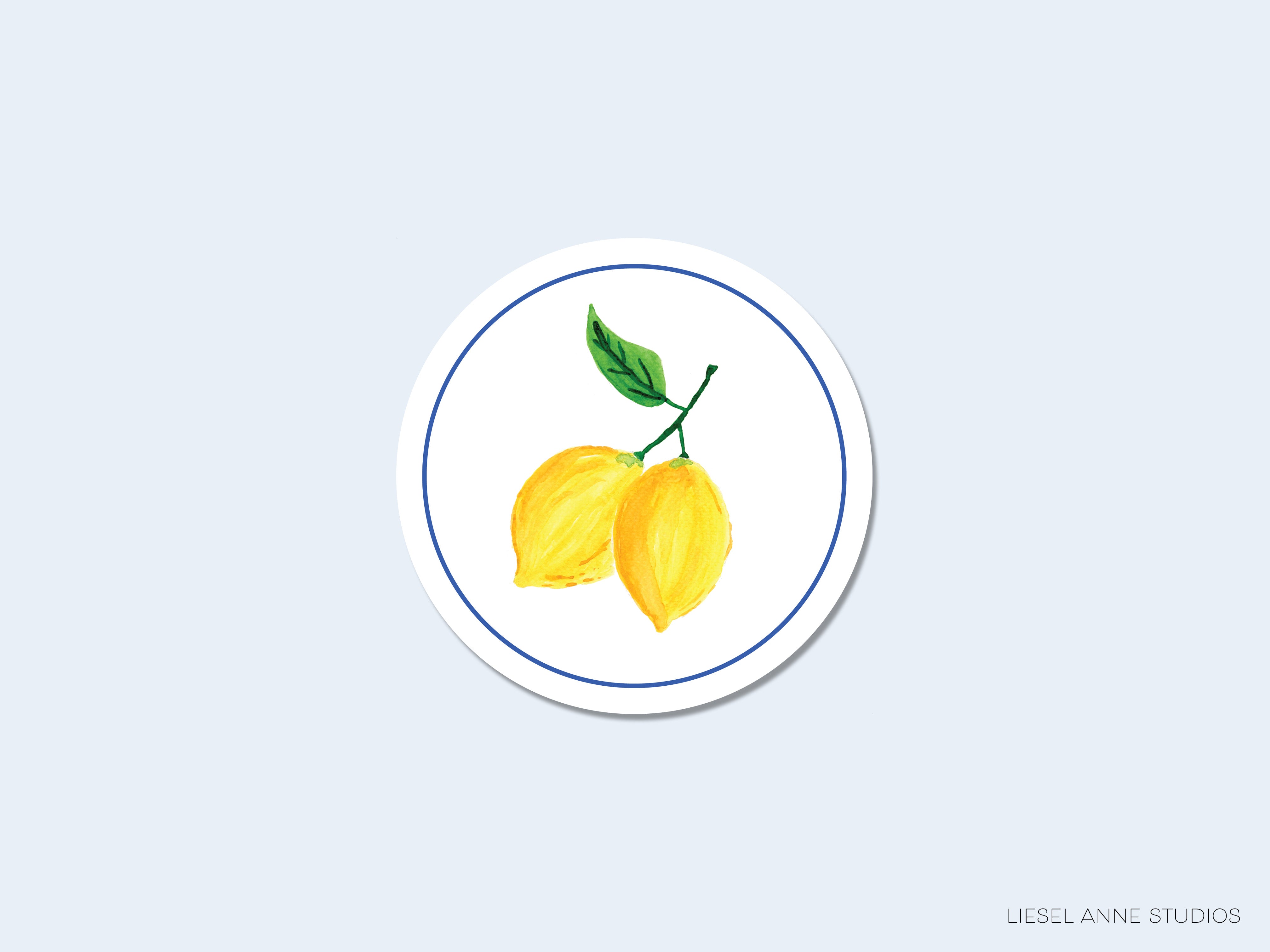 A round sticker with a blue border featuring two yellow lemons and a green leaf.