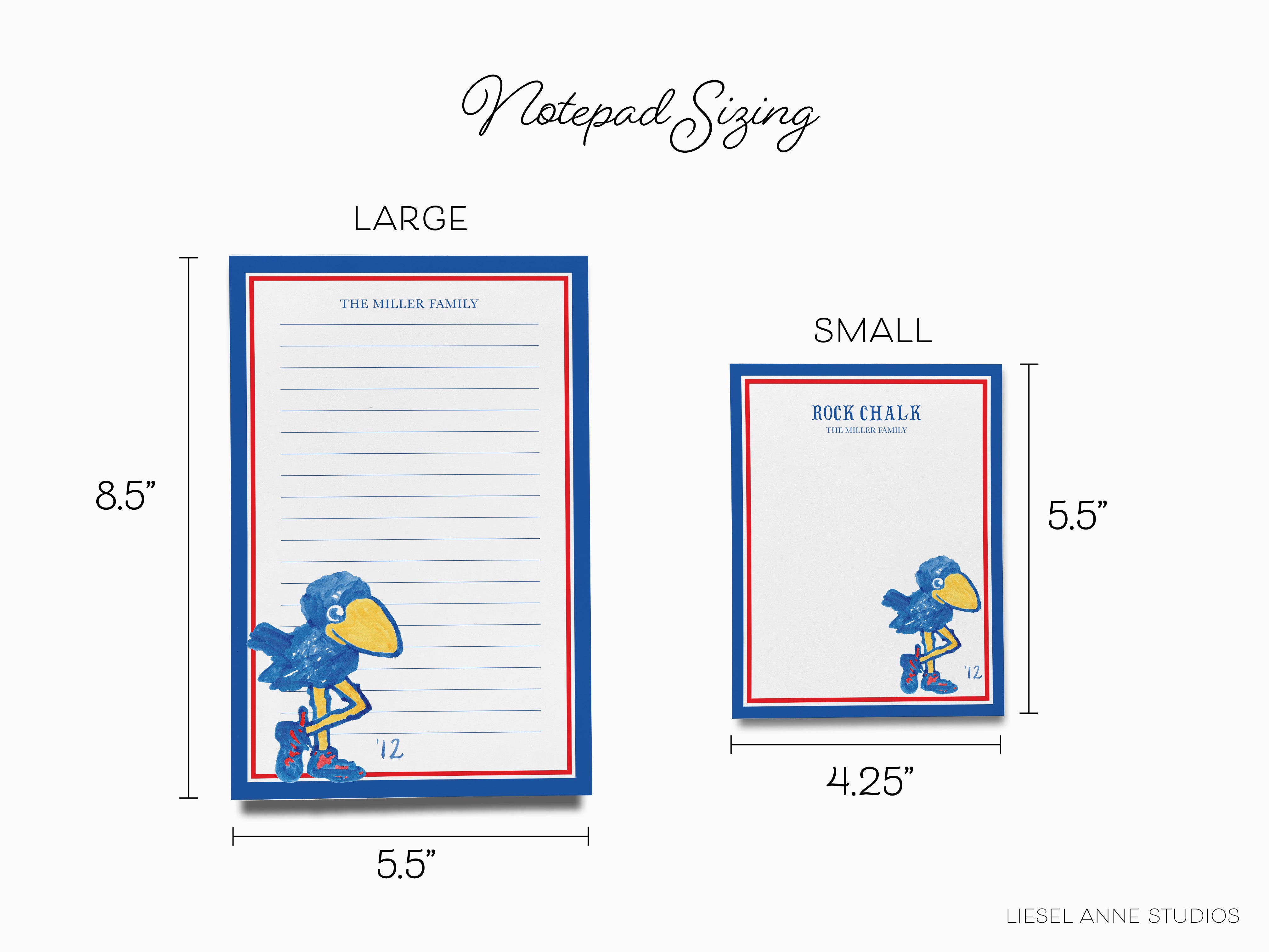 two different sizes of notepads, labeled as large and small. The large notepad is 8.5 inches wide and 5.5 inches tall, while the small notepad is 4.25 inches wide and 5.5 inches tall.