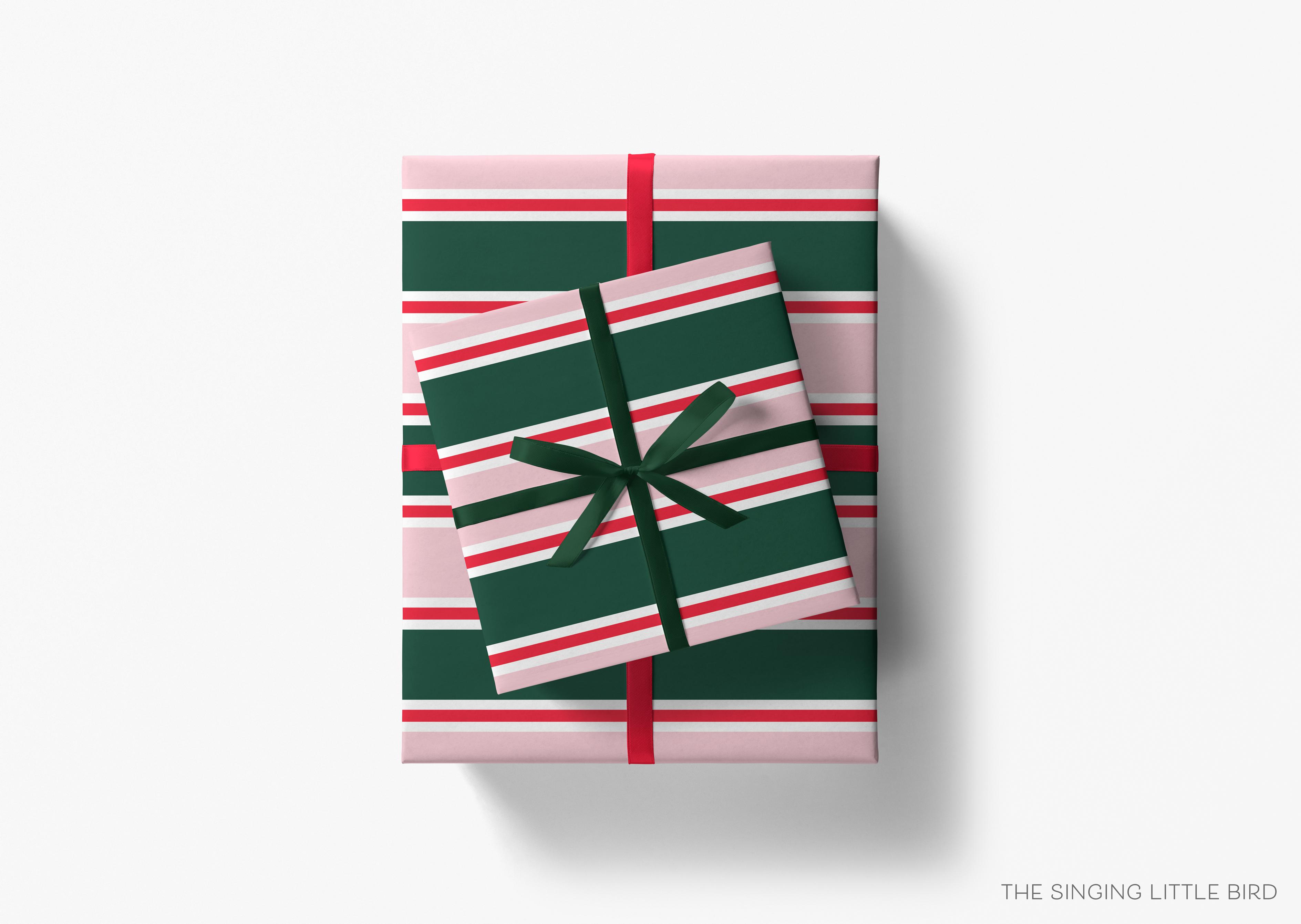 Green, Blush and Red Stripe Christmas Gift Wrap-This matte finish gift wrap features our hand-painted watercolor stripes. It makes a perfect wrapping paper for a holiday present. -The Singing Little Bird