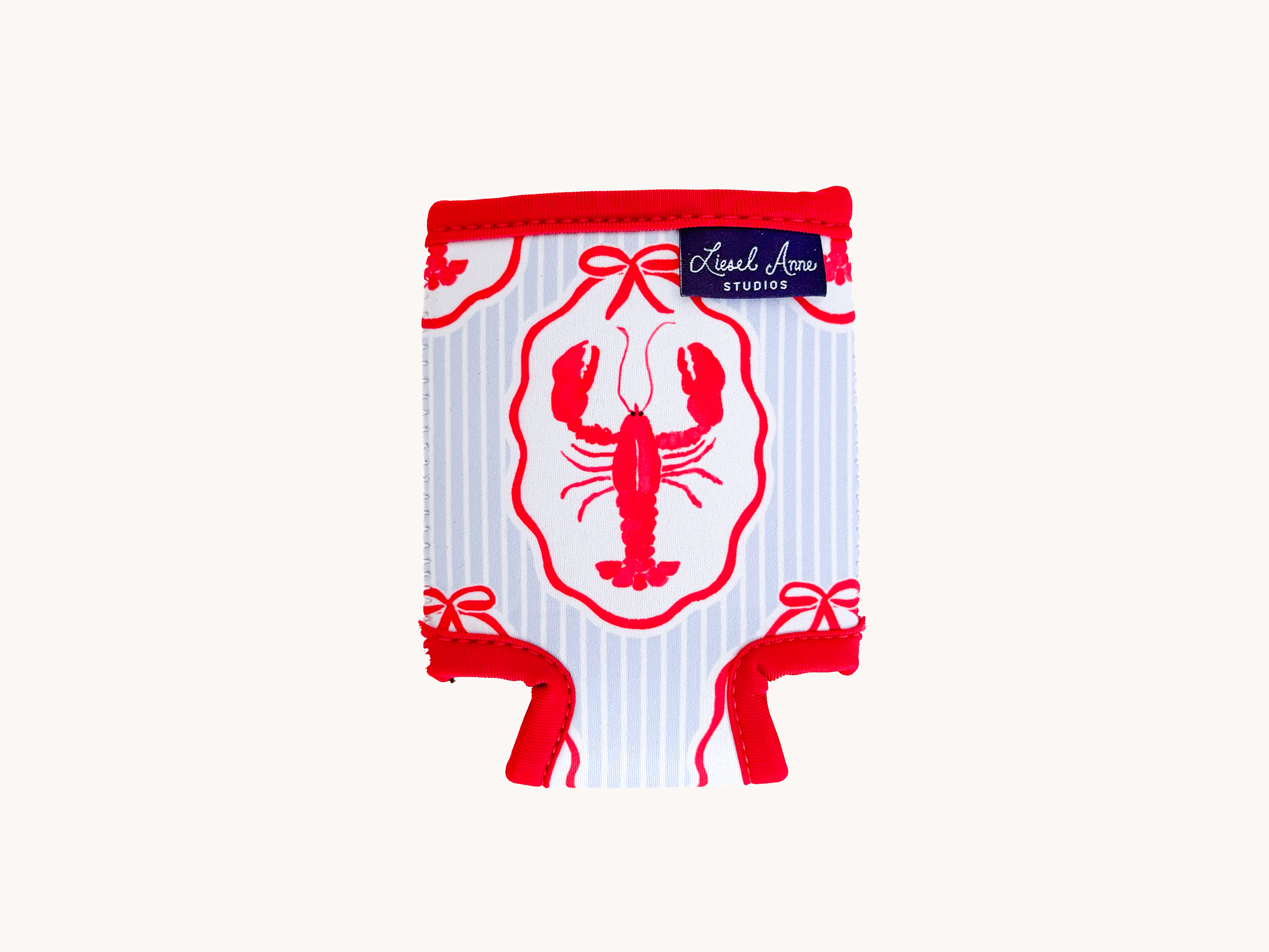 A red lobster design on a white and red striped background, with a red ribbon and bow around it.