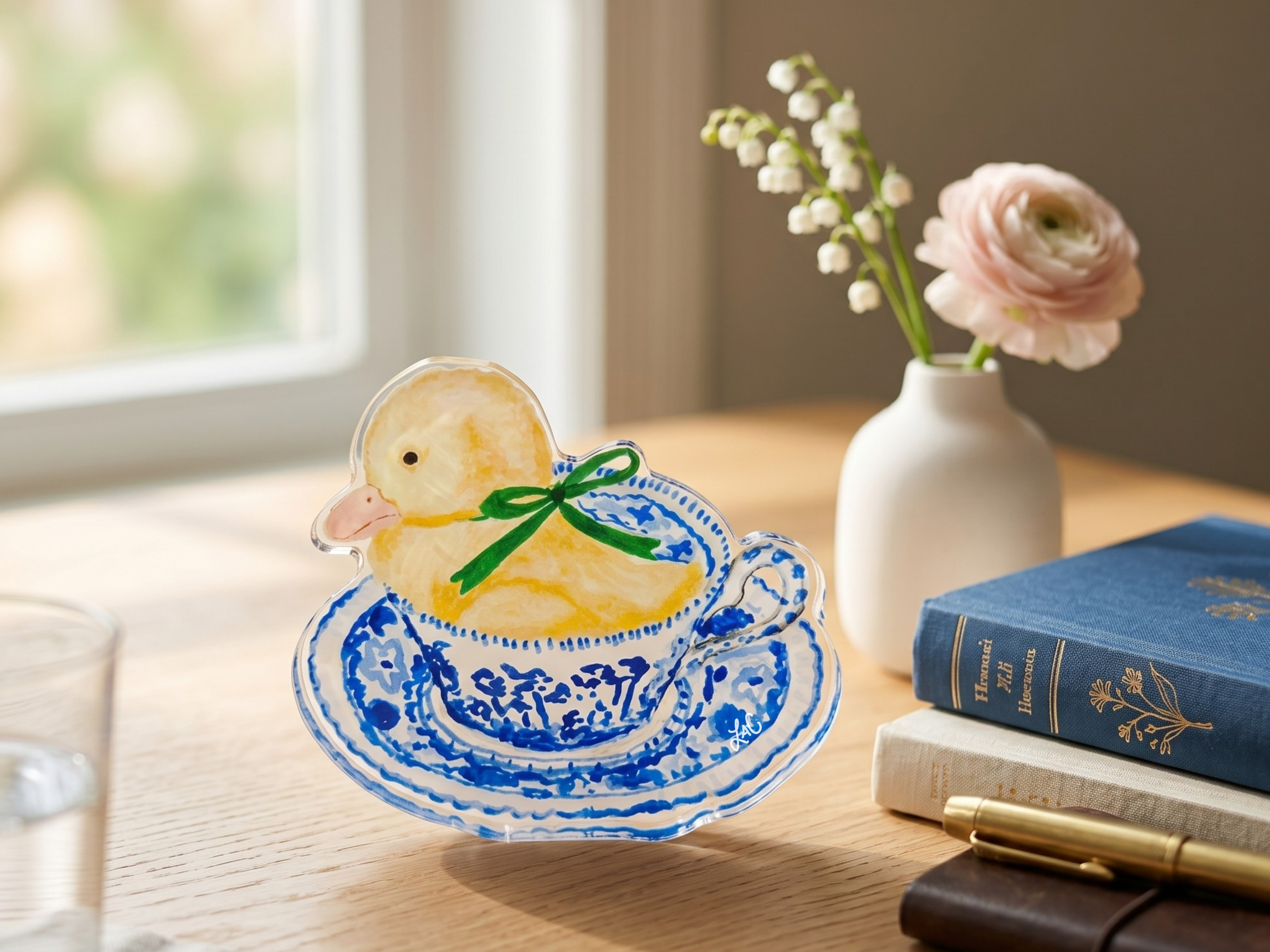 a blue and white ceramic teacup with a yellow duck sitting inside, placed on a wooden table next to a vase with white flowers and a book.