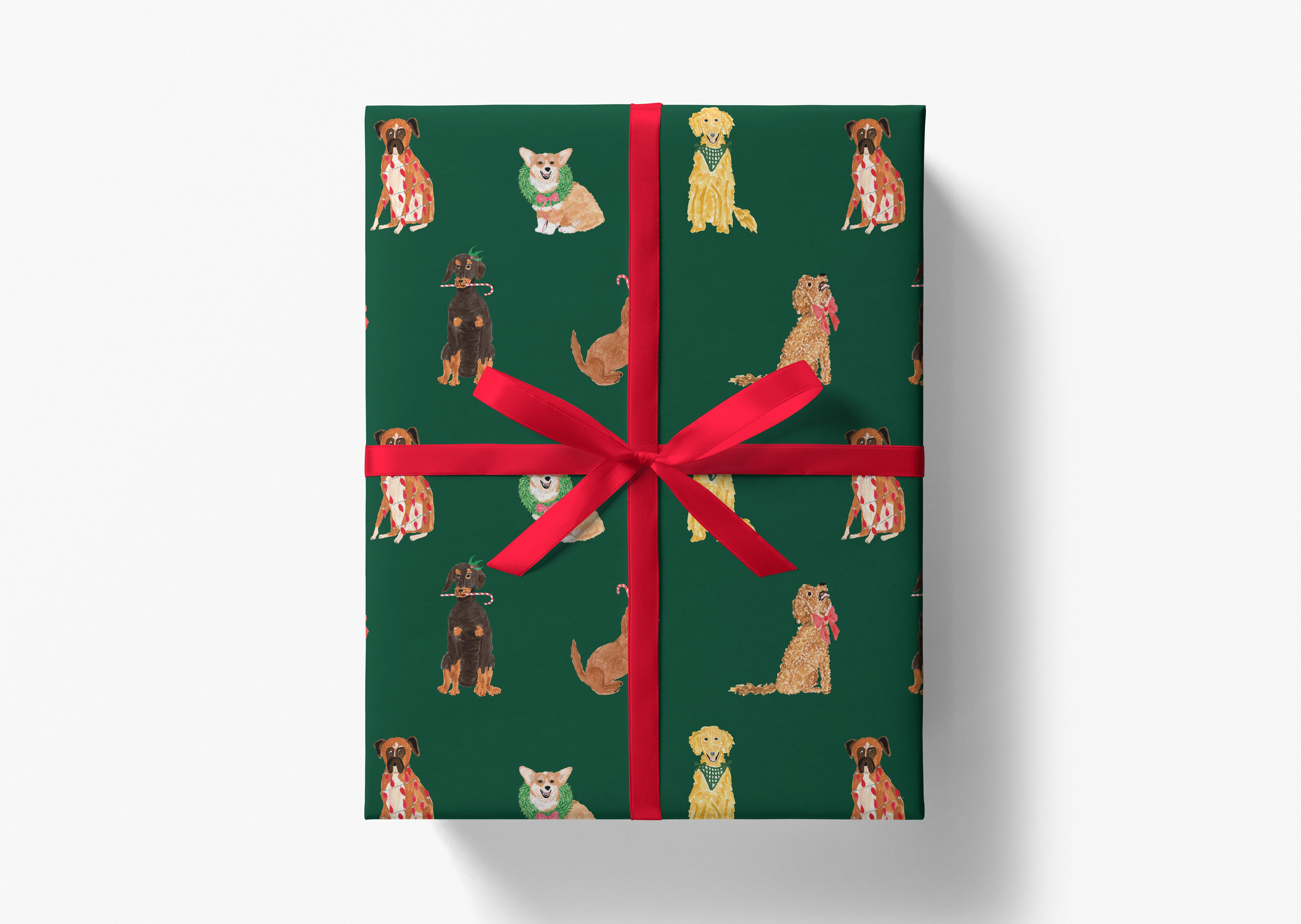 a gift box with a green background and a red ribbon. The gift box is decorated with a pattern of various dog breeds, including golden retrievers, corgi, and beagles, all wearing different outfits.