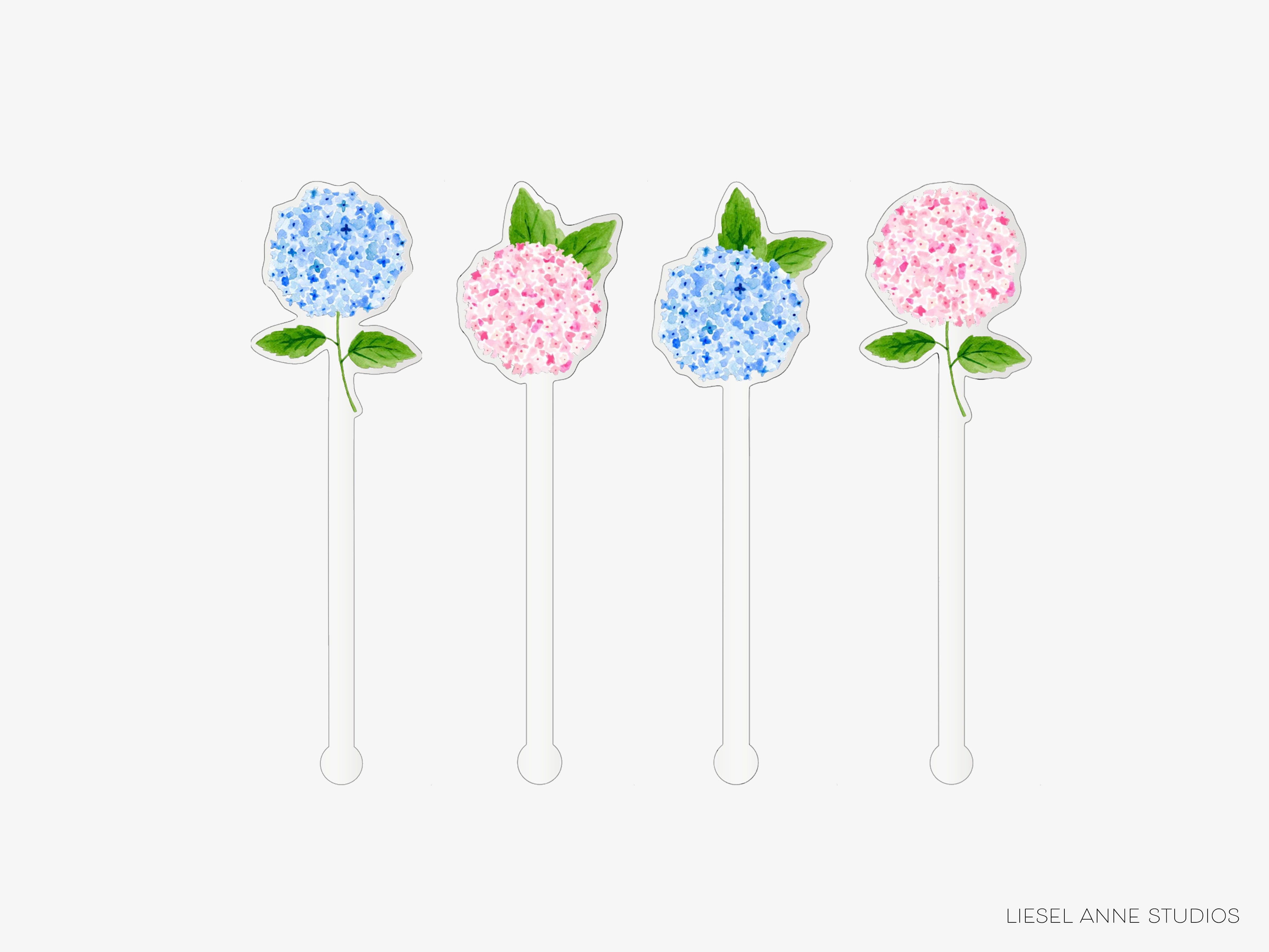 four colorful flower-shaped objects, each with a stem and leaves, arranged in a row.