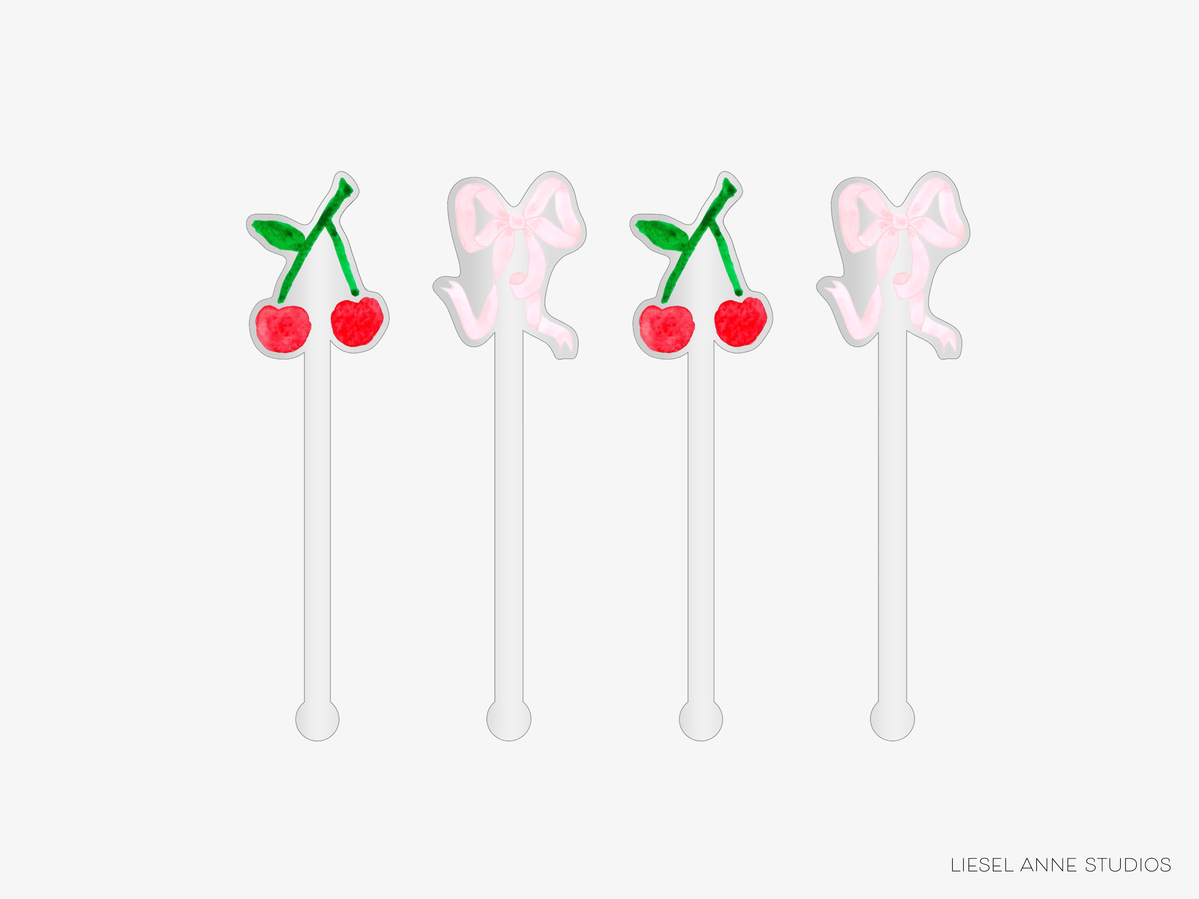 four white cocktail stirrers with red cherries and pink bows on them.