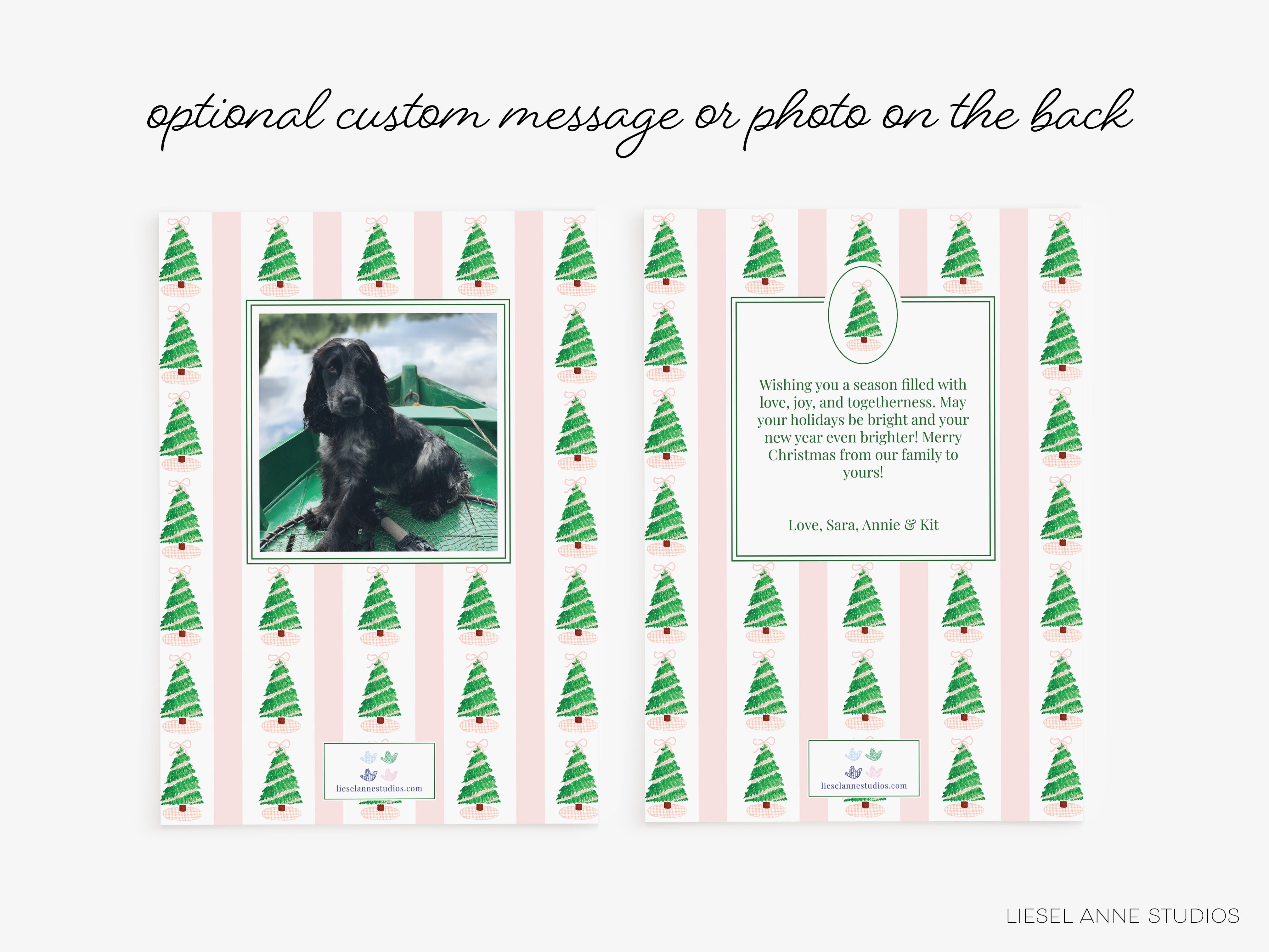 The image is a Christmas card featuring a black dog sitting on a green boat, surrounded by a pattern of green and white Christmas trees.