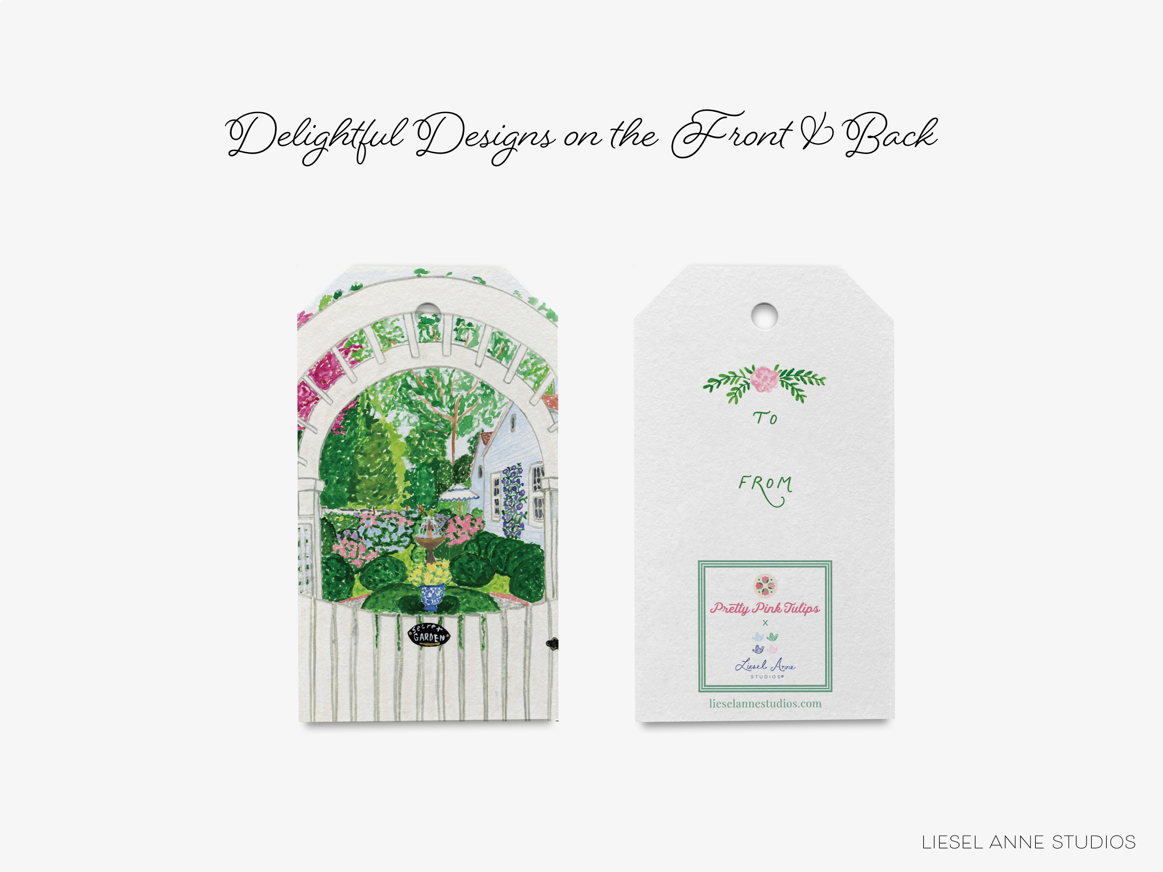 two white tags with illustrations of a garden scene and floral designs.