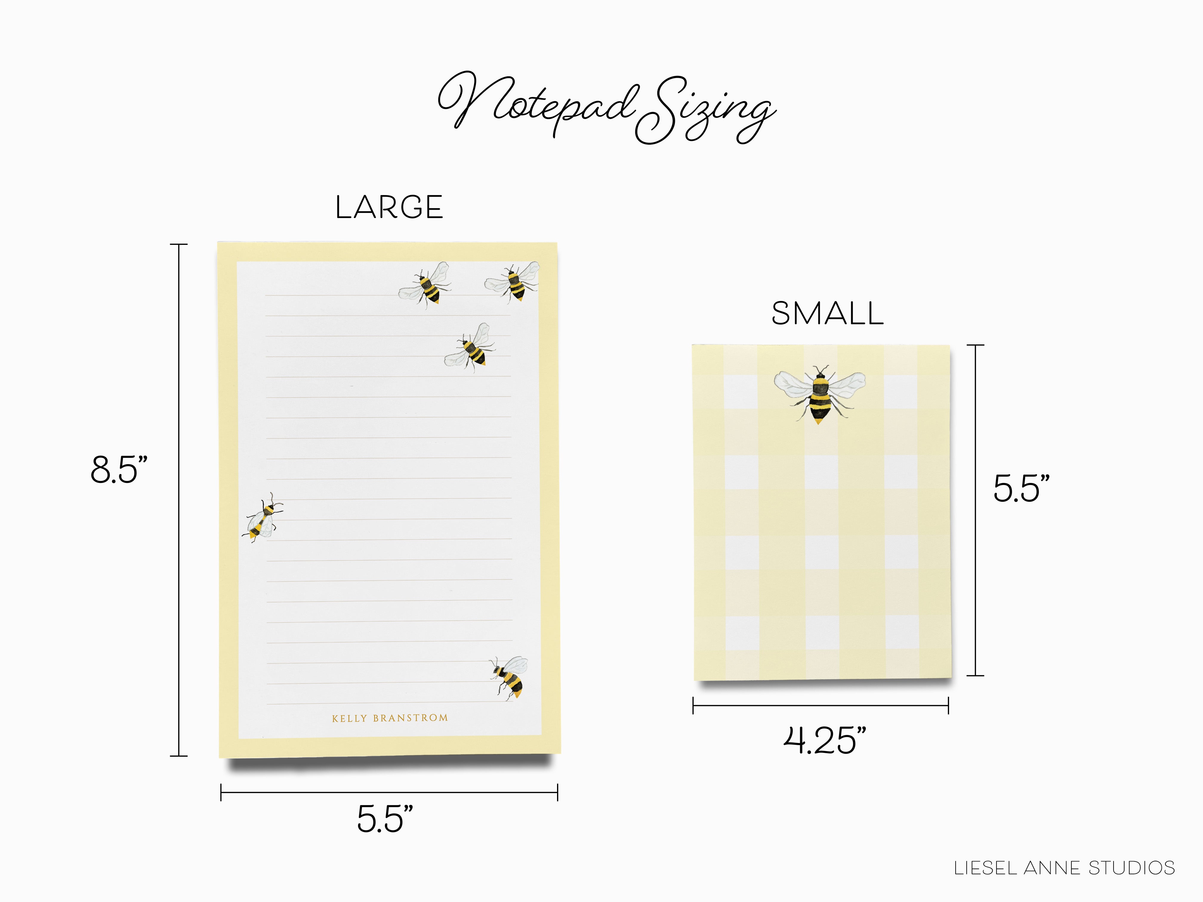 two different sizes of yellow notepads with a bee design. The larger notepad is 8.5 inches wide and 5.5 inches tall, while the smaller notepad is 5.5 inches wide and 4.25 inches tall.