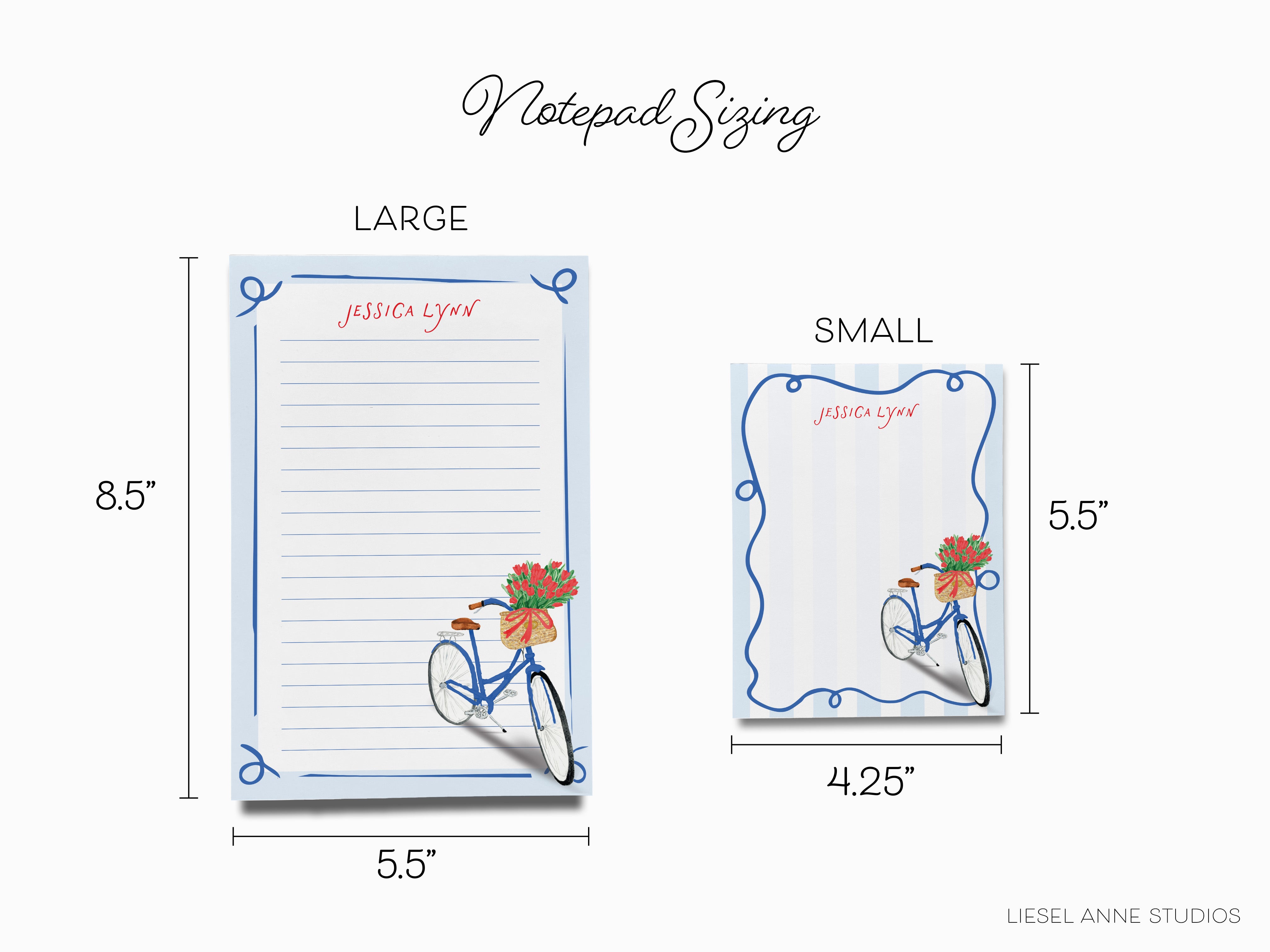 two different sizes of notepads, labeled as large and small. The large notepad is 8.5 inches wide and 5.5 inches tall, while the small notepad is 5.5 inches wide and 4.25 inches tall.
