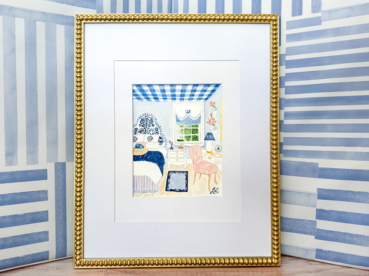 a framed painting of a bedroom with a blue and white checkered ceiling, a pink chair, and a blue and white striped rug.
