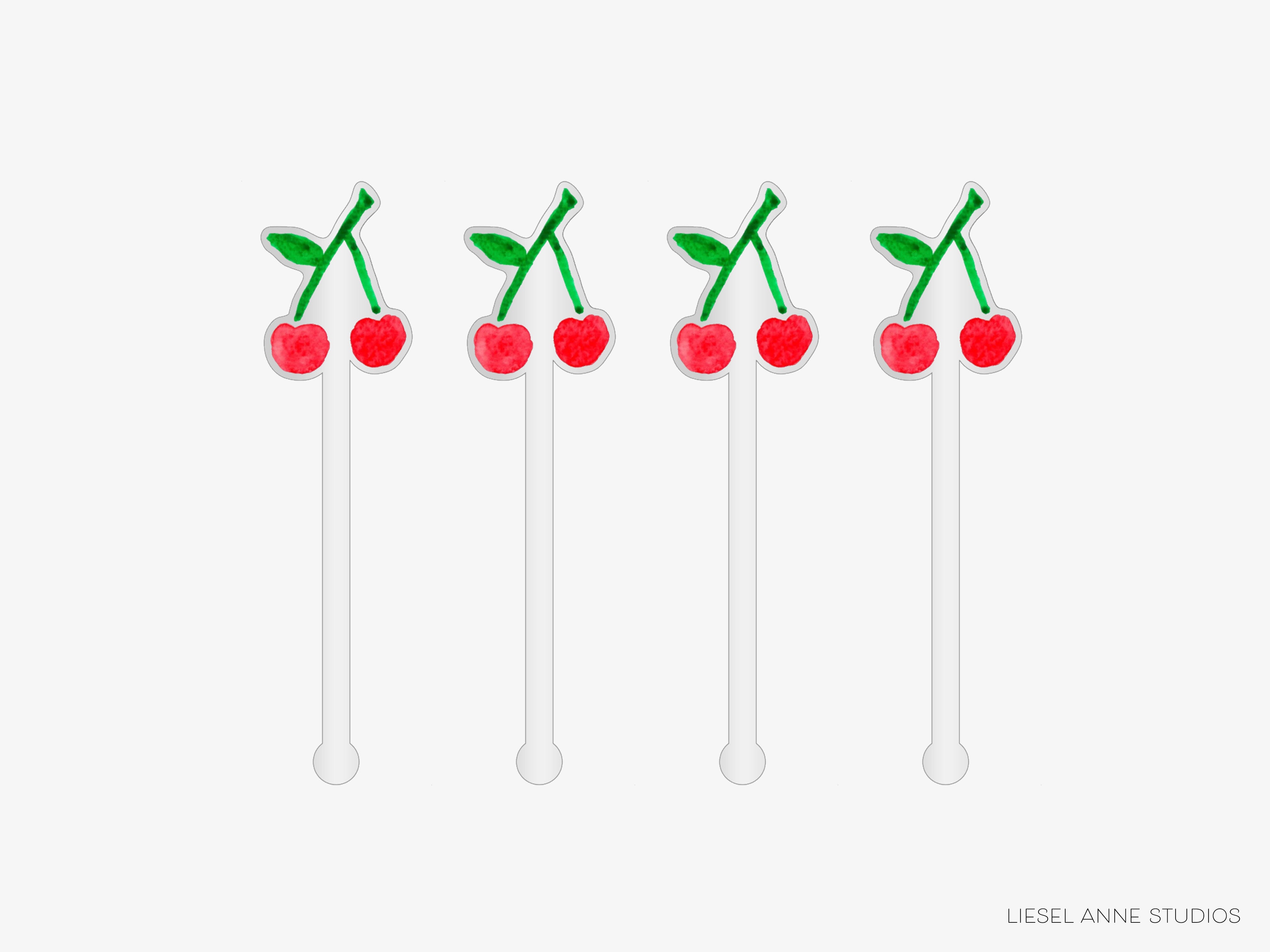a row of white straws with red cherries on them.