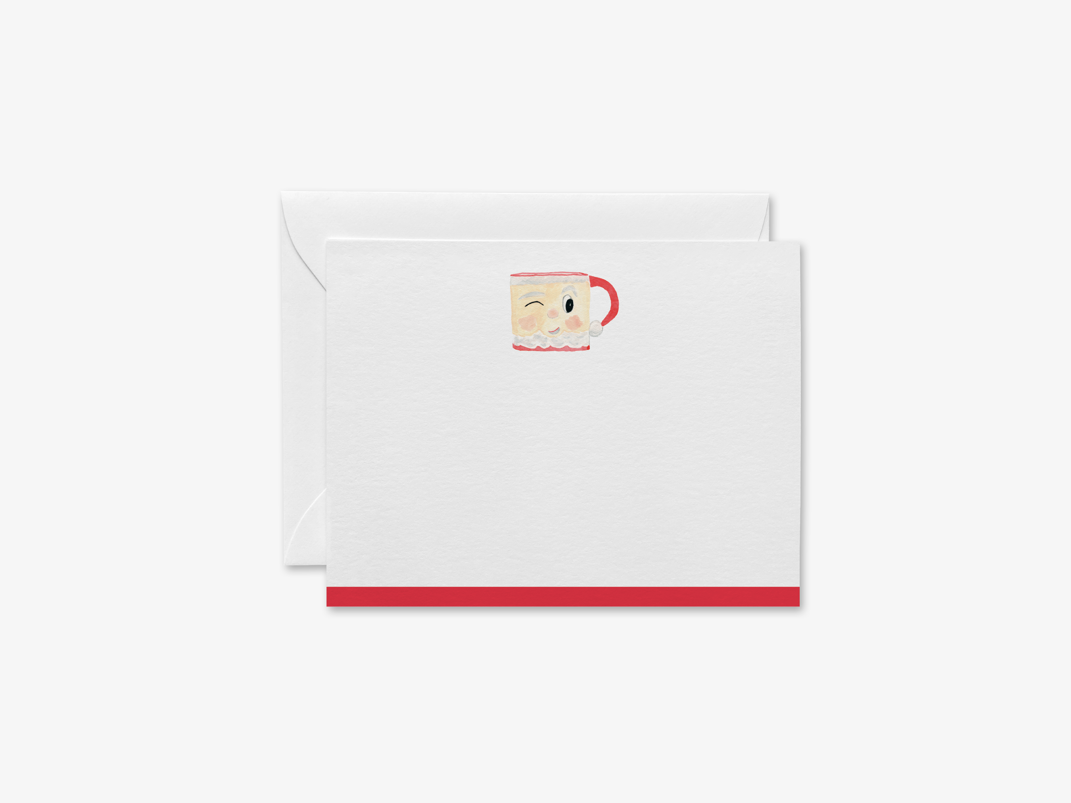 A white card with a red border and a small illustration of a cup with a smiling face on it.