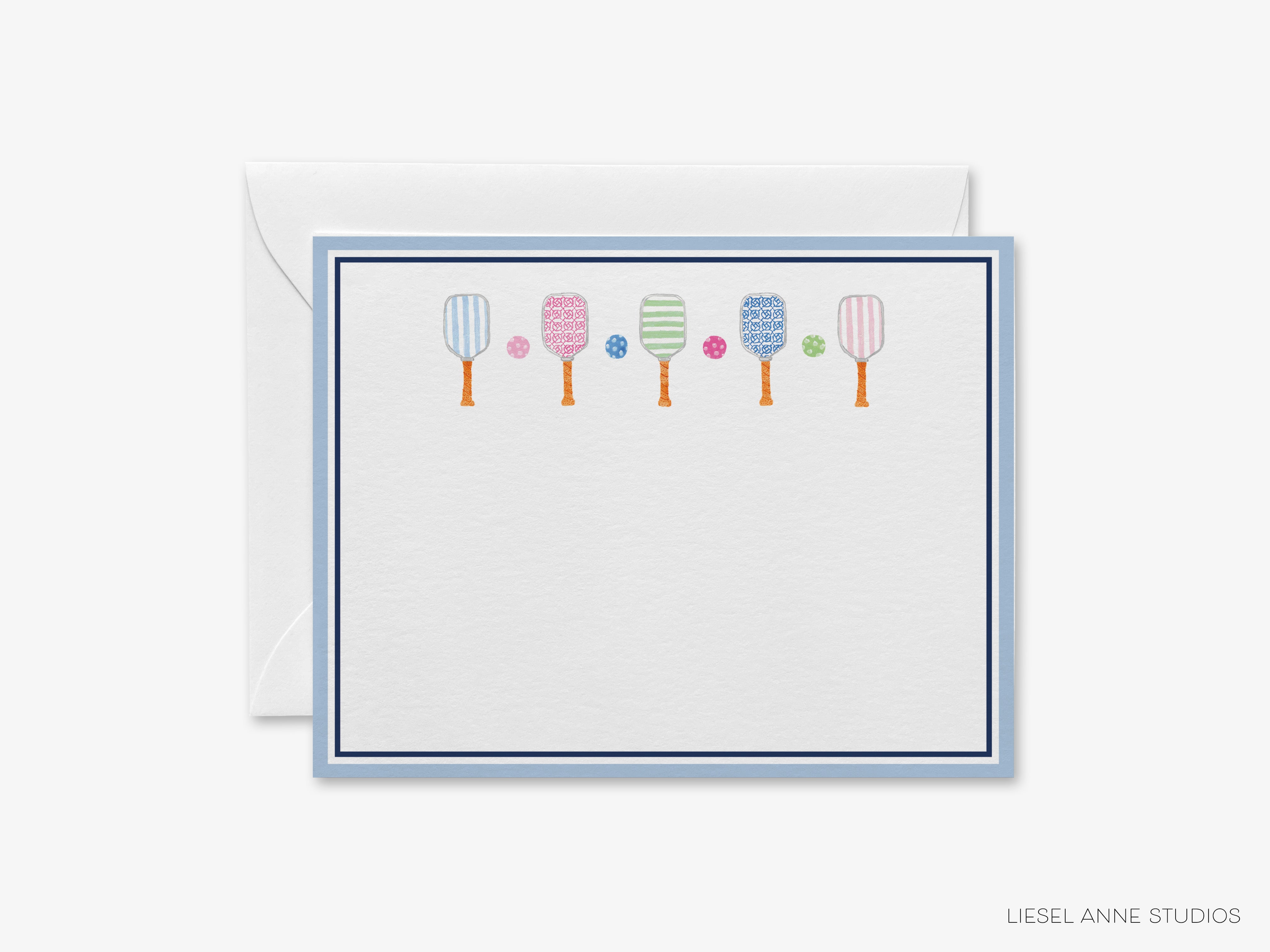 A greeting card with a blue border and a white background, featuring illustrations of paddleboards in various colors.