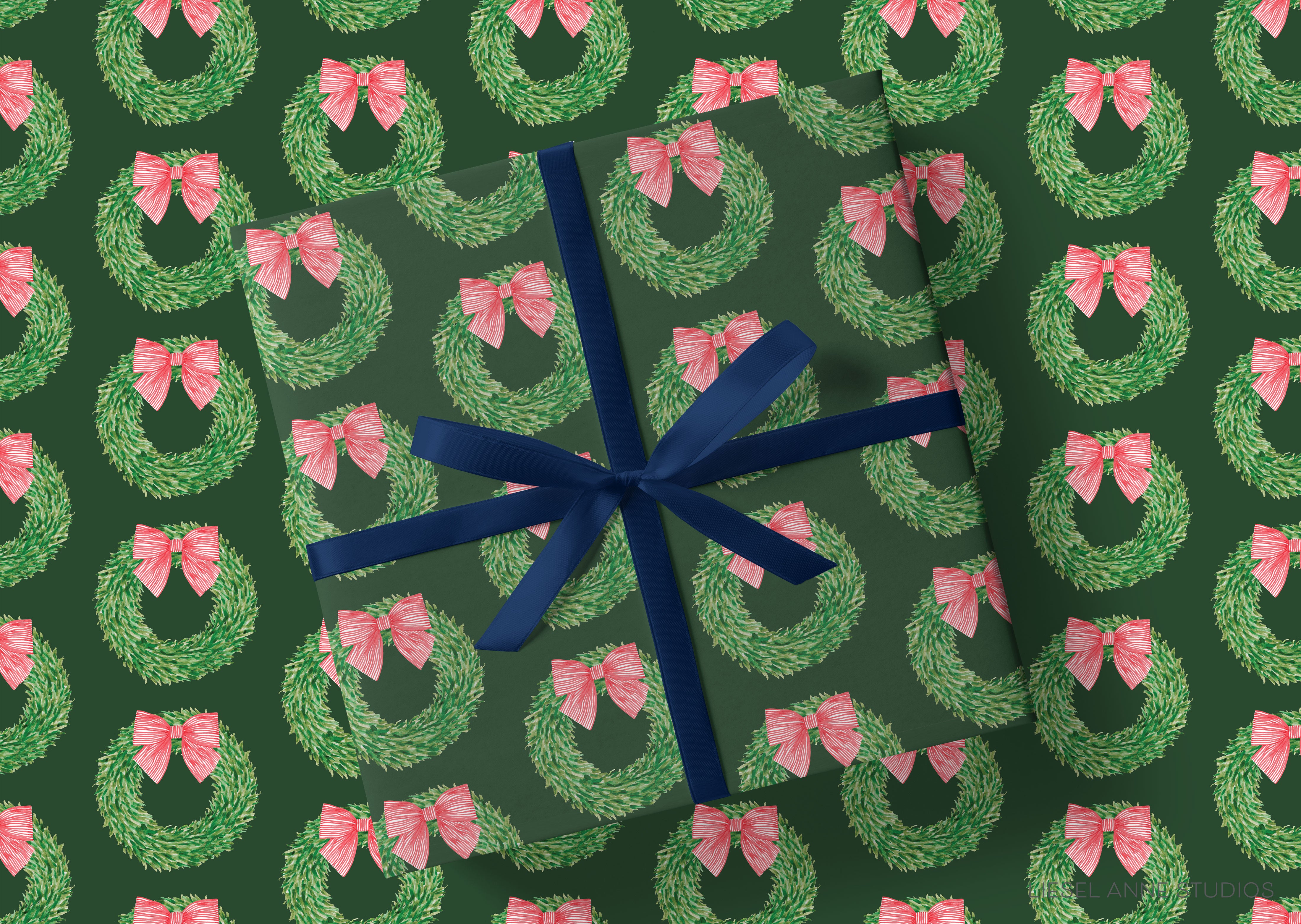 a pattern of green wreaths with pink bows on a dark green background.
