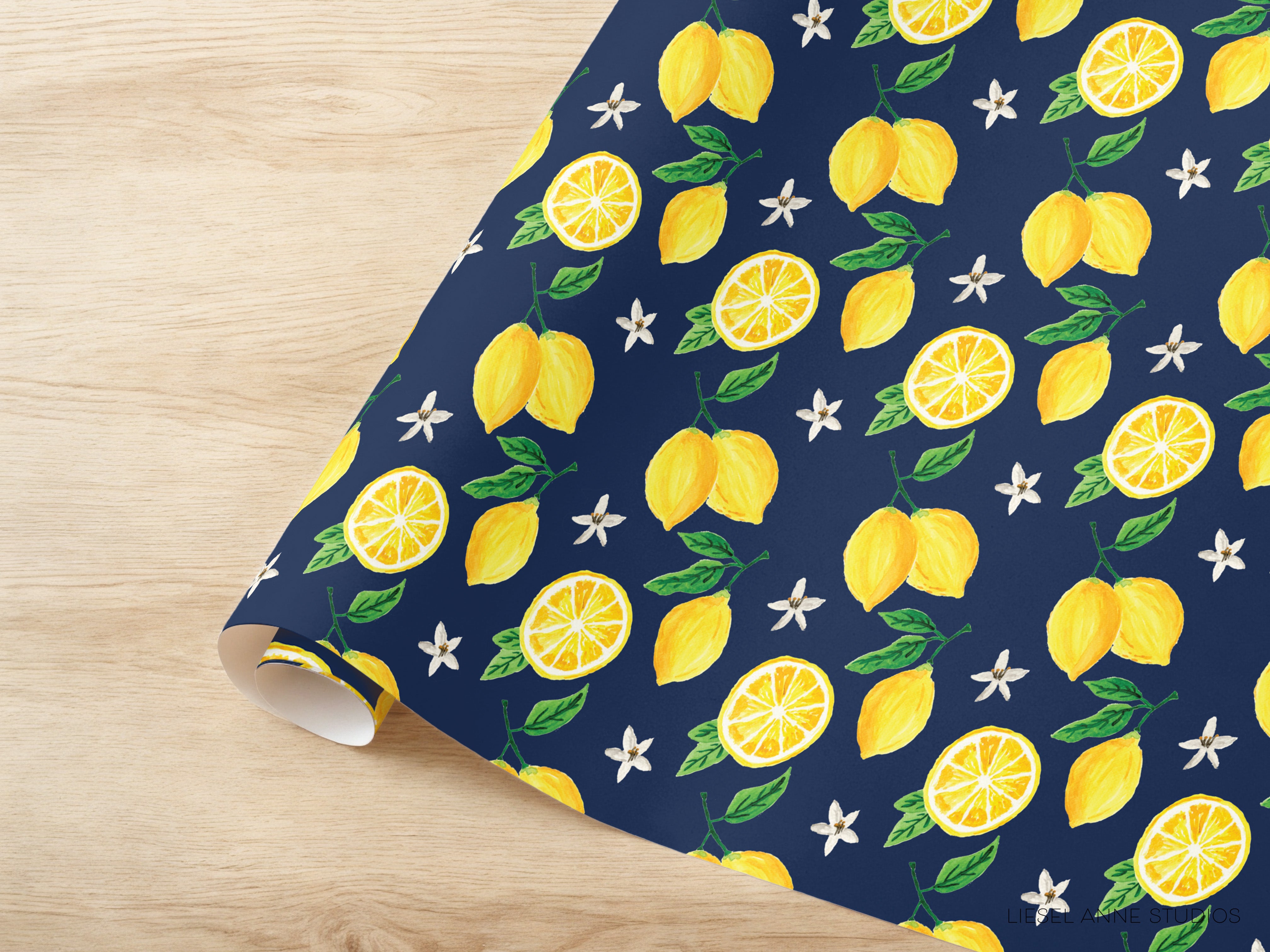 a blue wrapping paper with yellow lemons on it