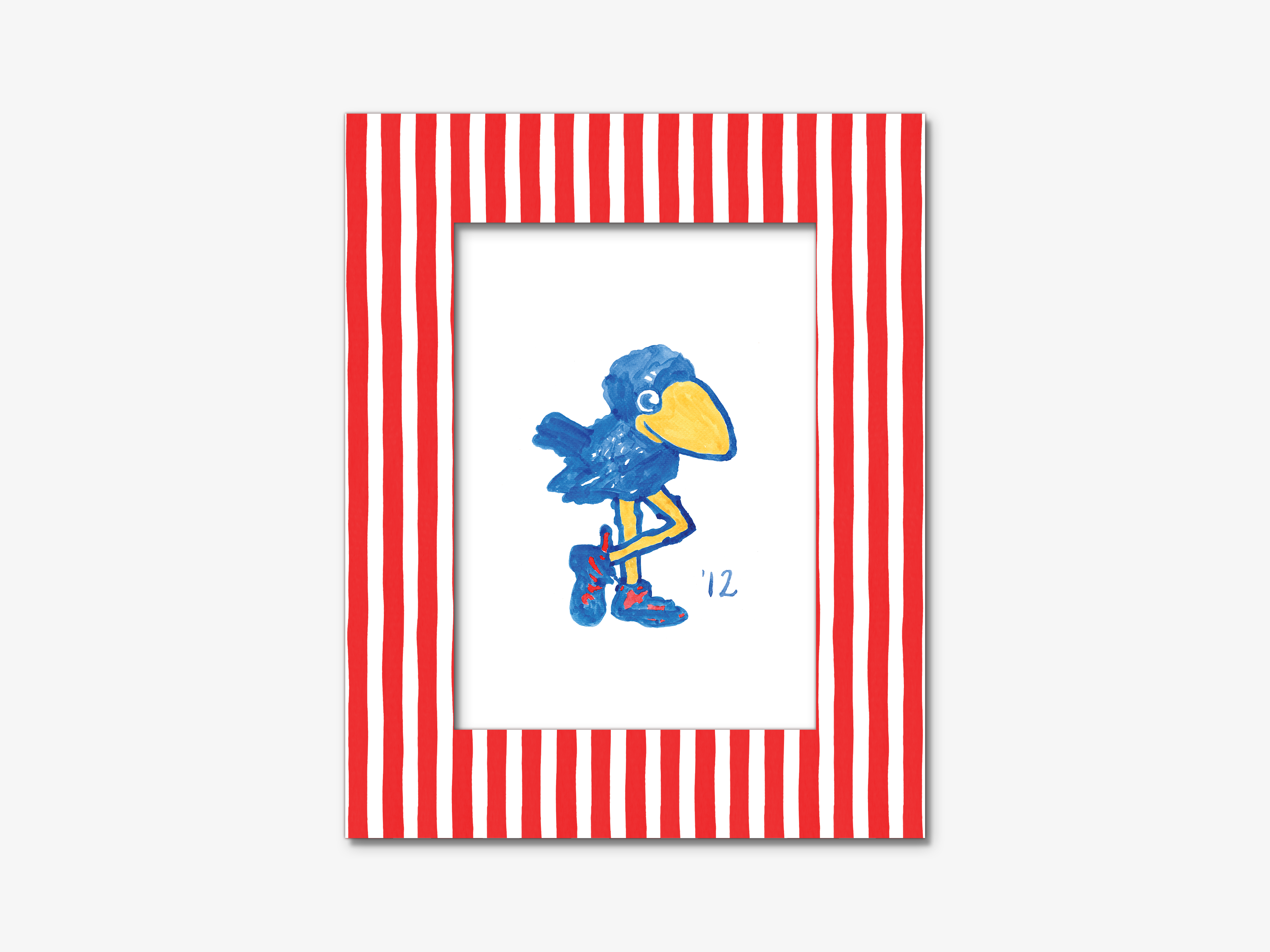 A framed illustration of a blue bird with a yellow beak and feet, set against a white background with red and white striped borders.