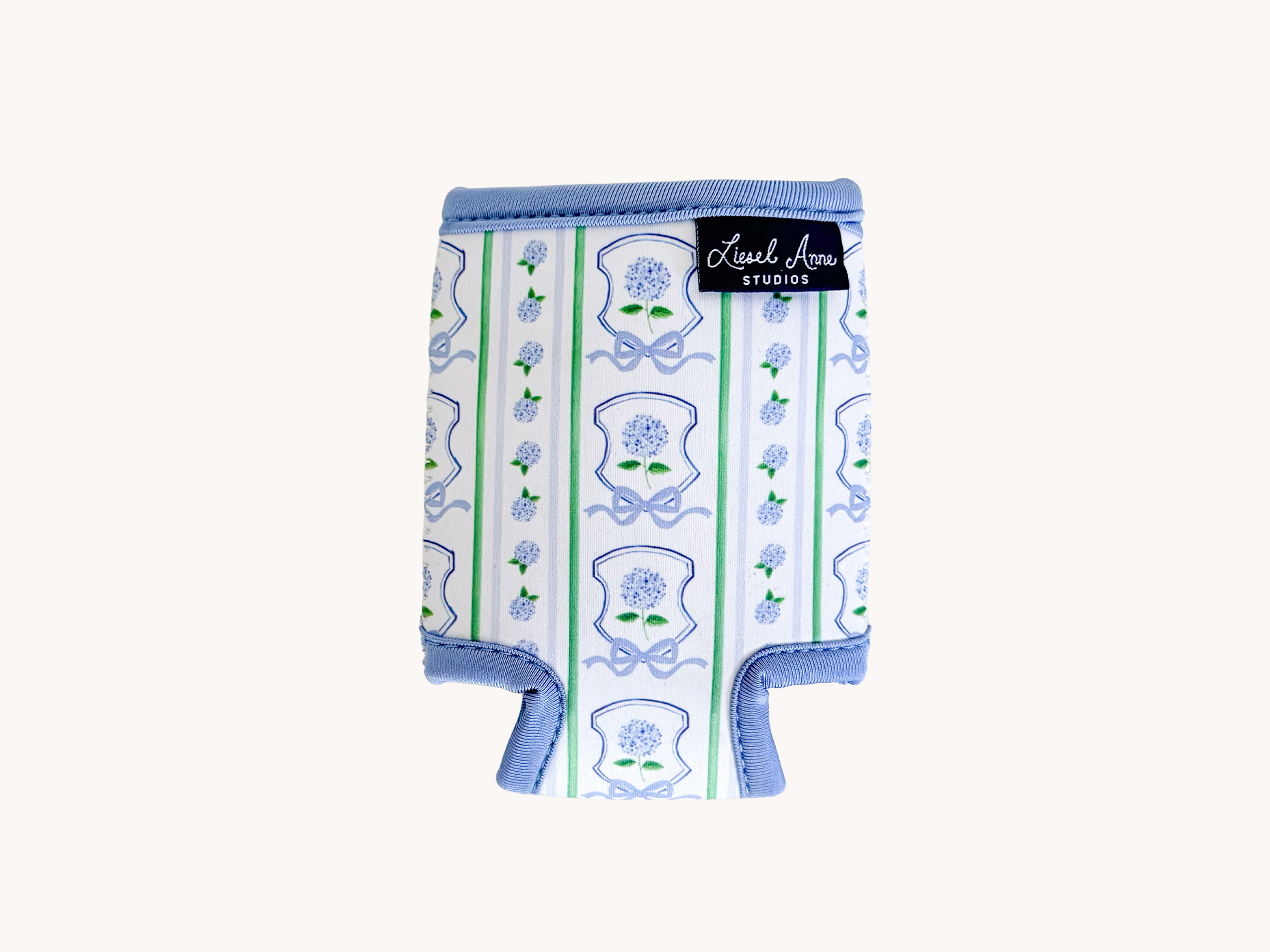 A blue and white cooler or freezer holder with a repeating pattern of blue and white flowers and green leaves.
