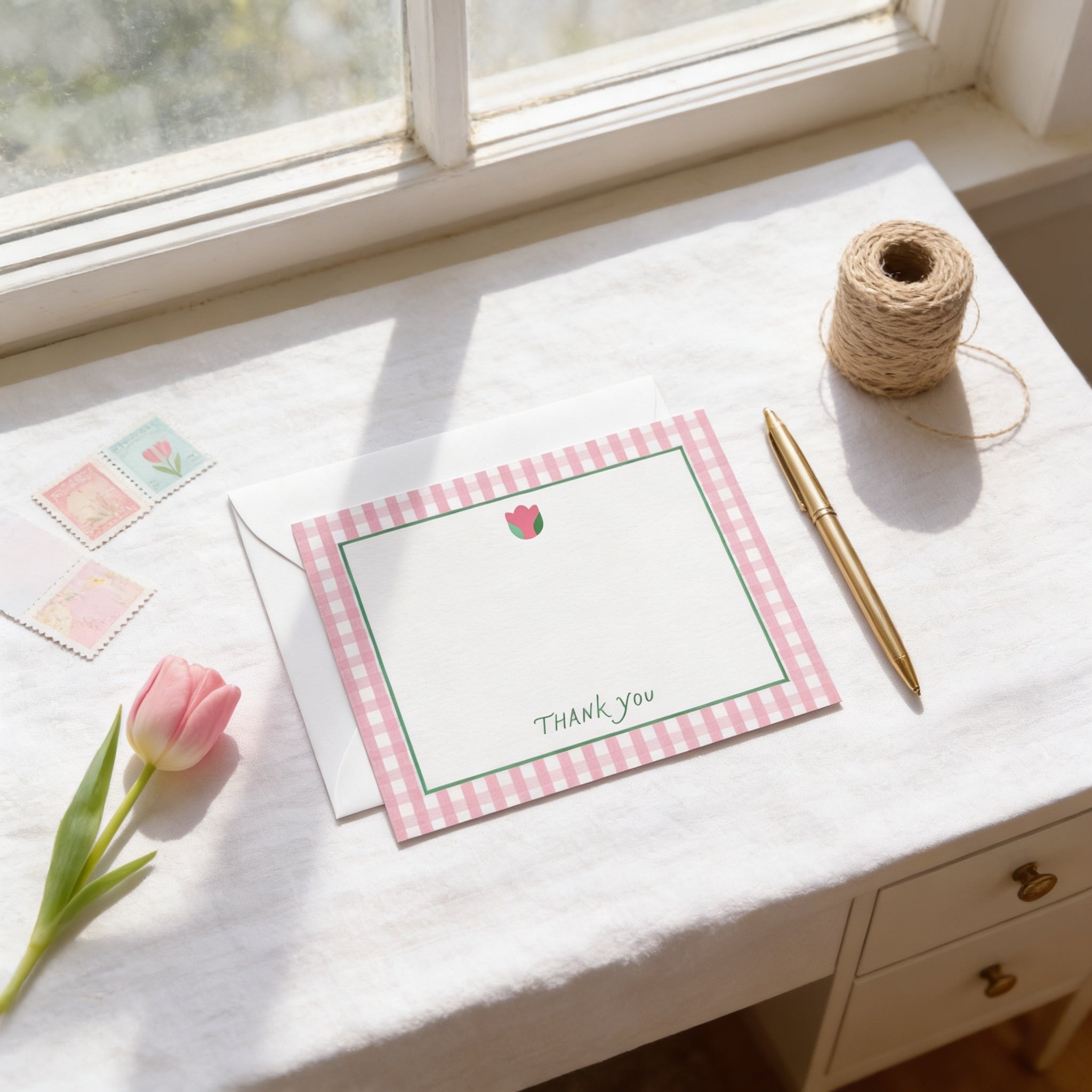 a pink and white checkered card with a blank space for a message, a pen, a spool of twine, and a pink tulip on a white desk near a window.