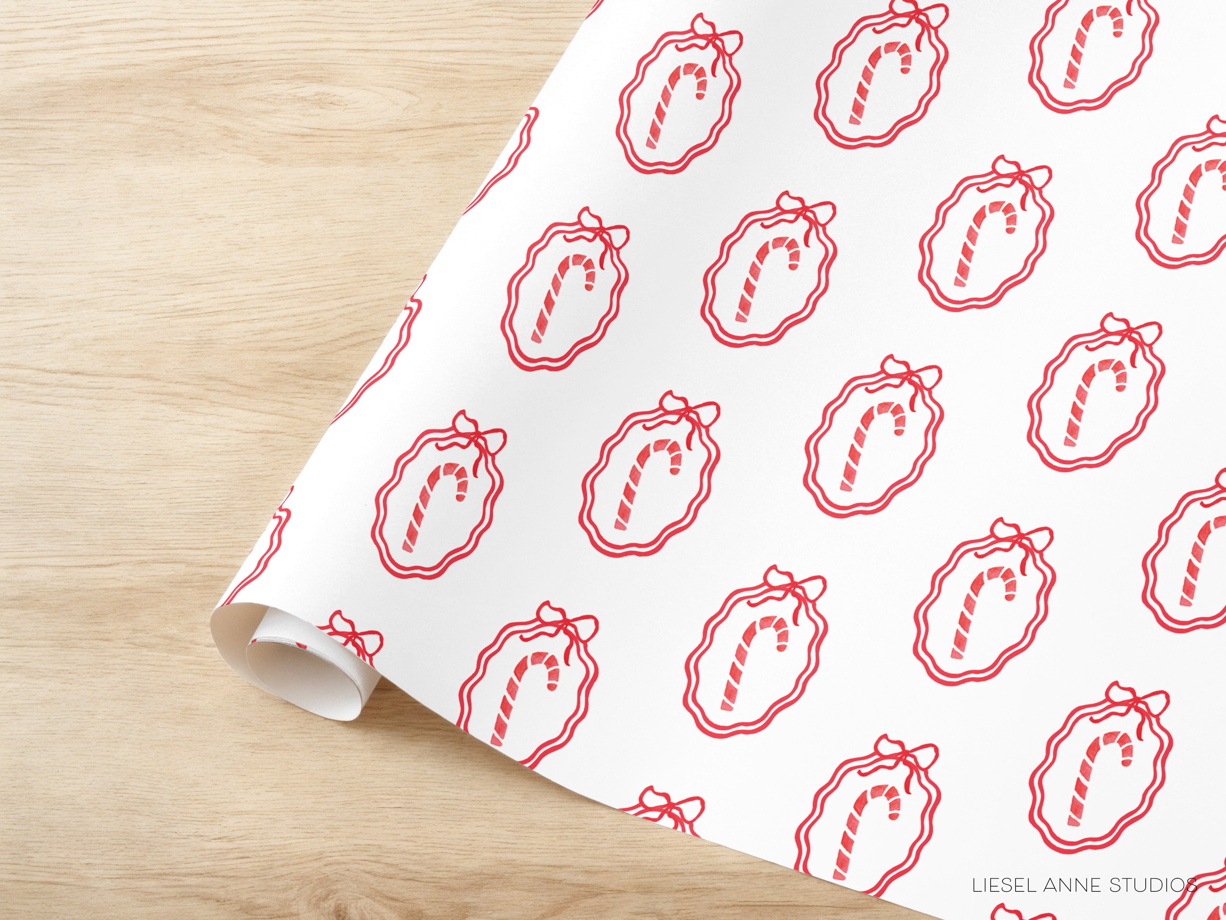 a white background with a repeating pattern of red candy canes and bows.
