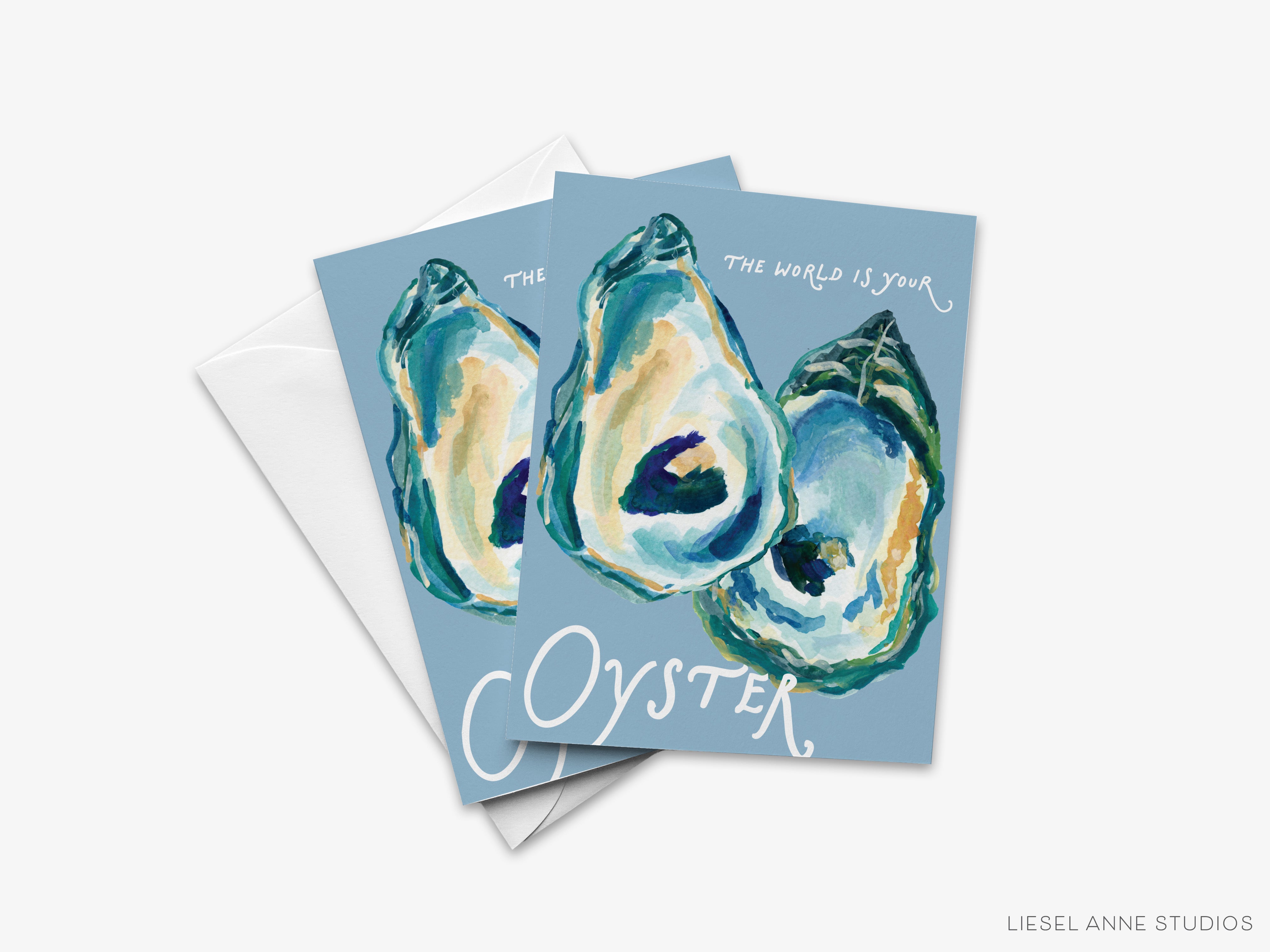 The image is a greeting card featuring an illustration of three oyster shells in shades of blue and green, with the word " Oyster" written below them.