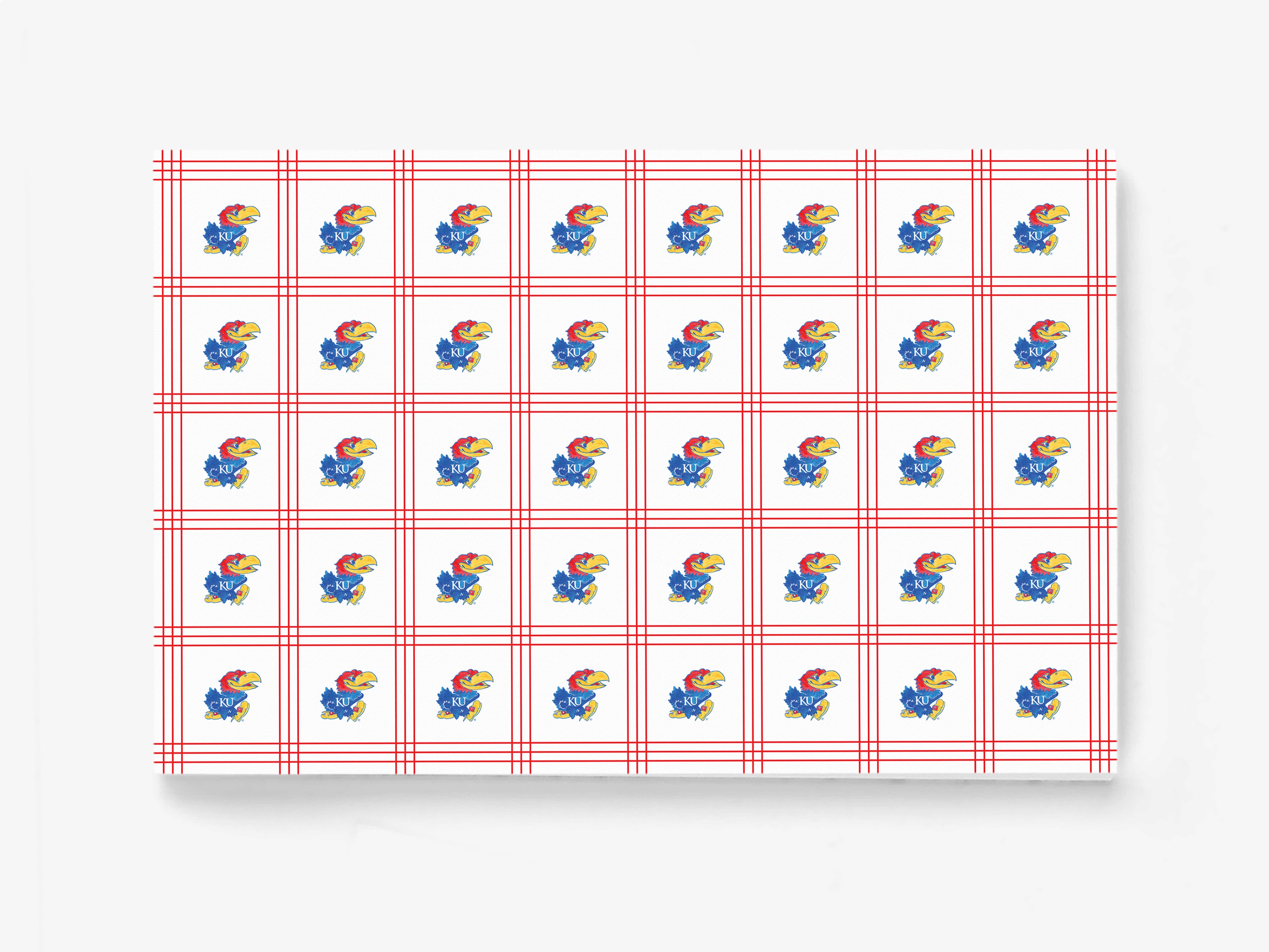 a repeating pattern of red and white checkered squares, each containing a small illustration of a bird wearing a red and yellow hat.