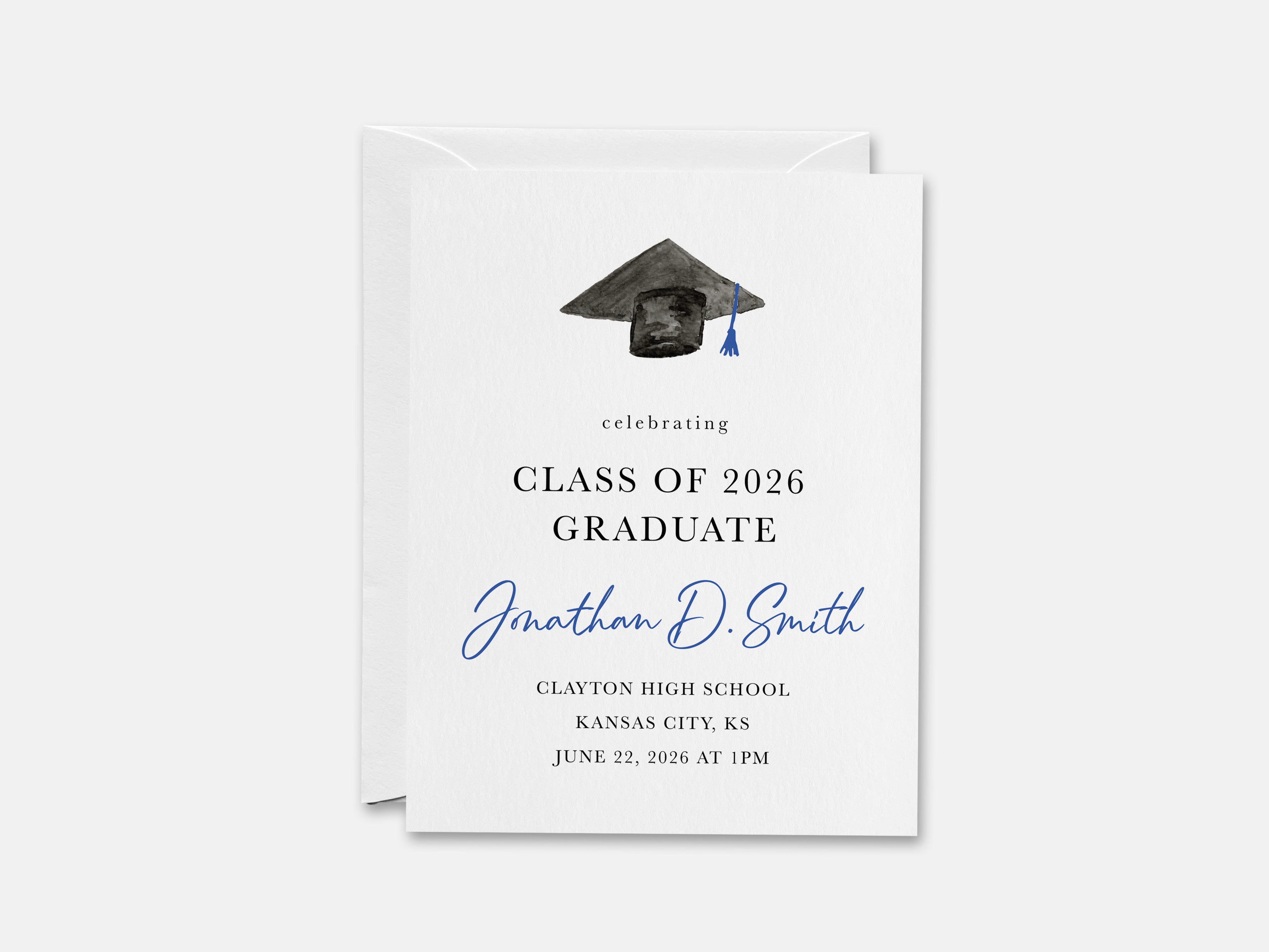 The image is a graduation invitation card for Jonathan D. Smith, who is graduating from Clayton High School in Kansas City, KS on June 22, 2026 at 1 PM.