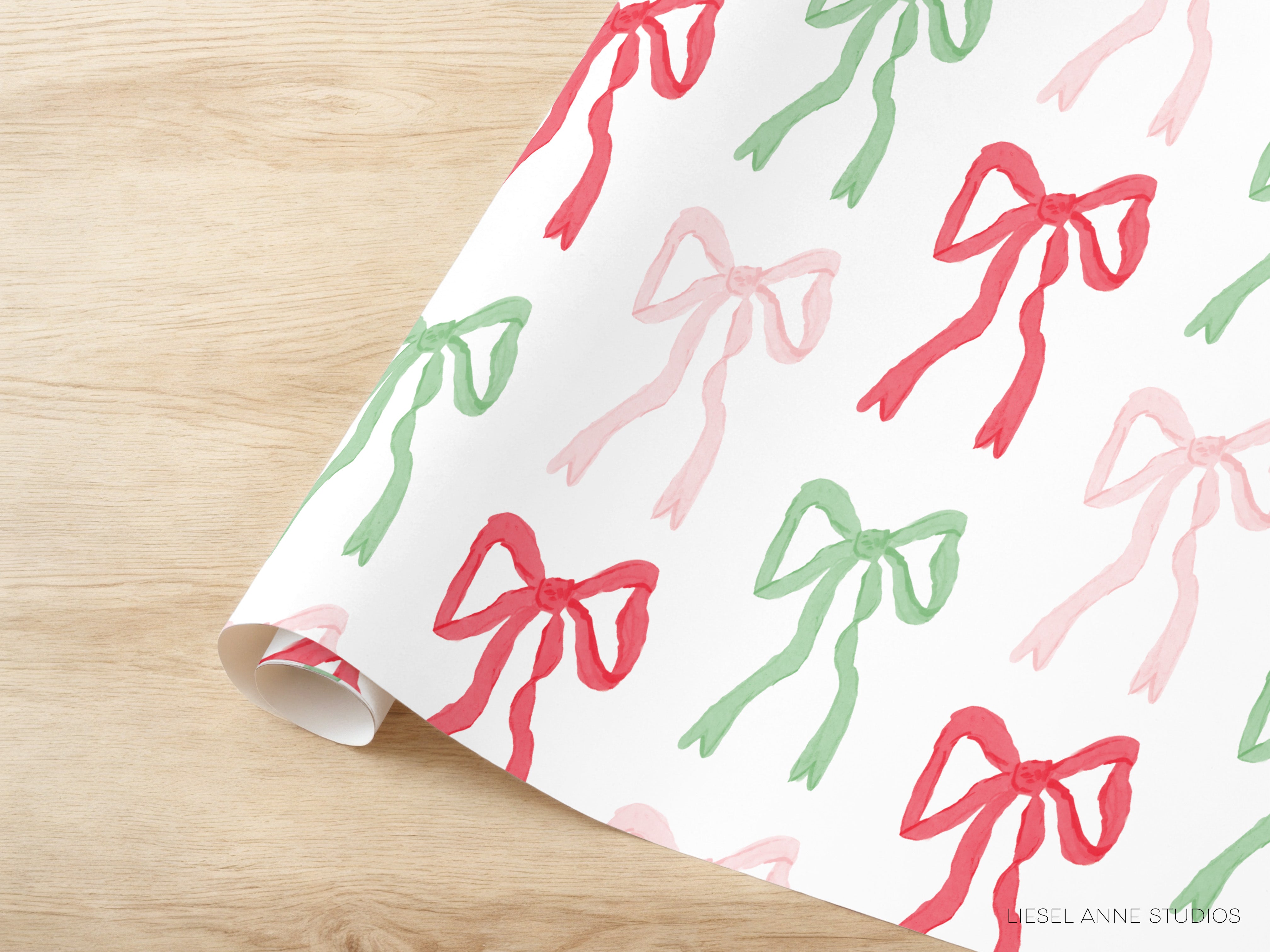 a pattern of red and green bows on a white background.