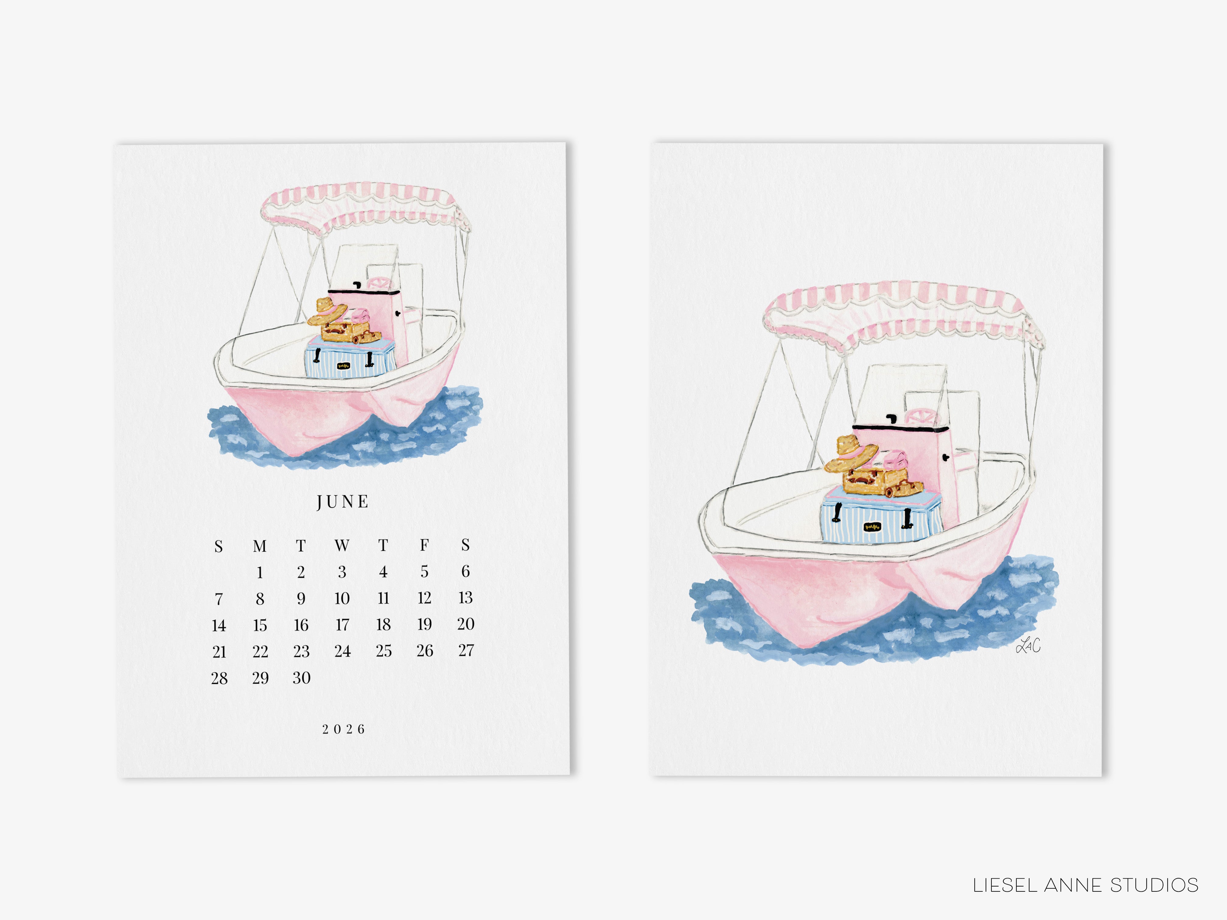 The image is a calendar featuring a pink boat illustration with a pig and a suitcase on board. The calendar is for the month of June, and it is from the year 2026.