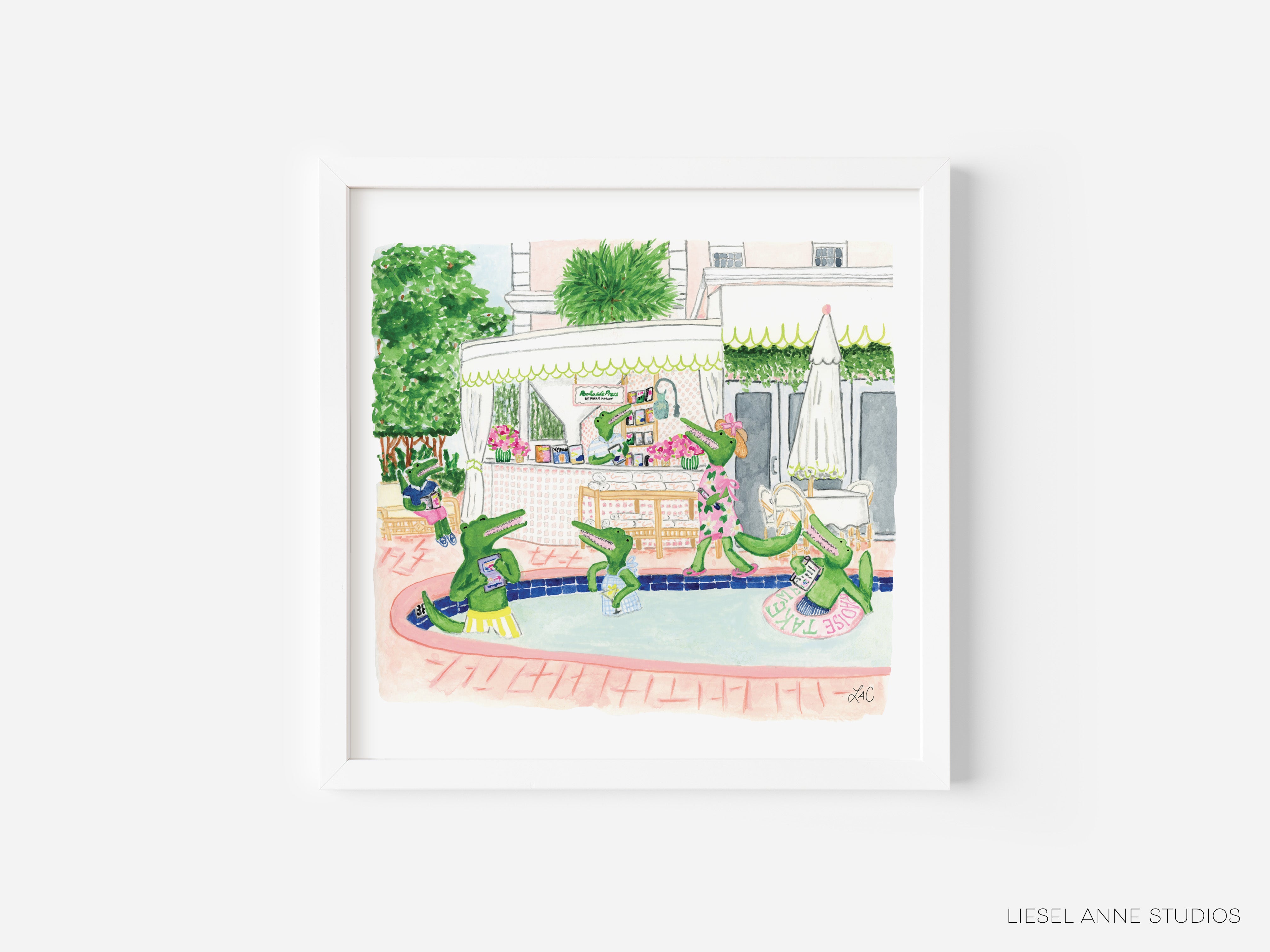 a painting of a man riding a bike next to a pool