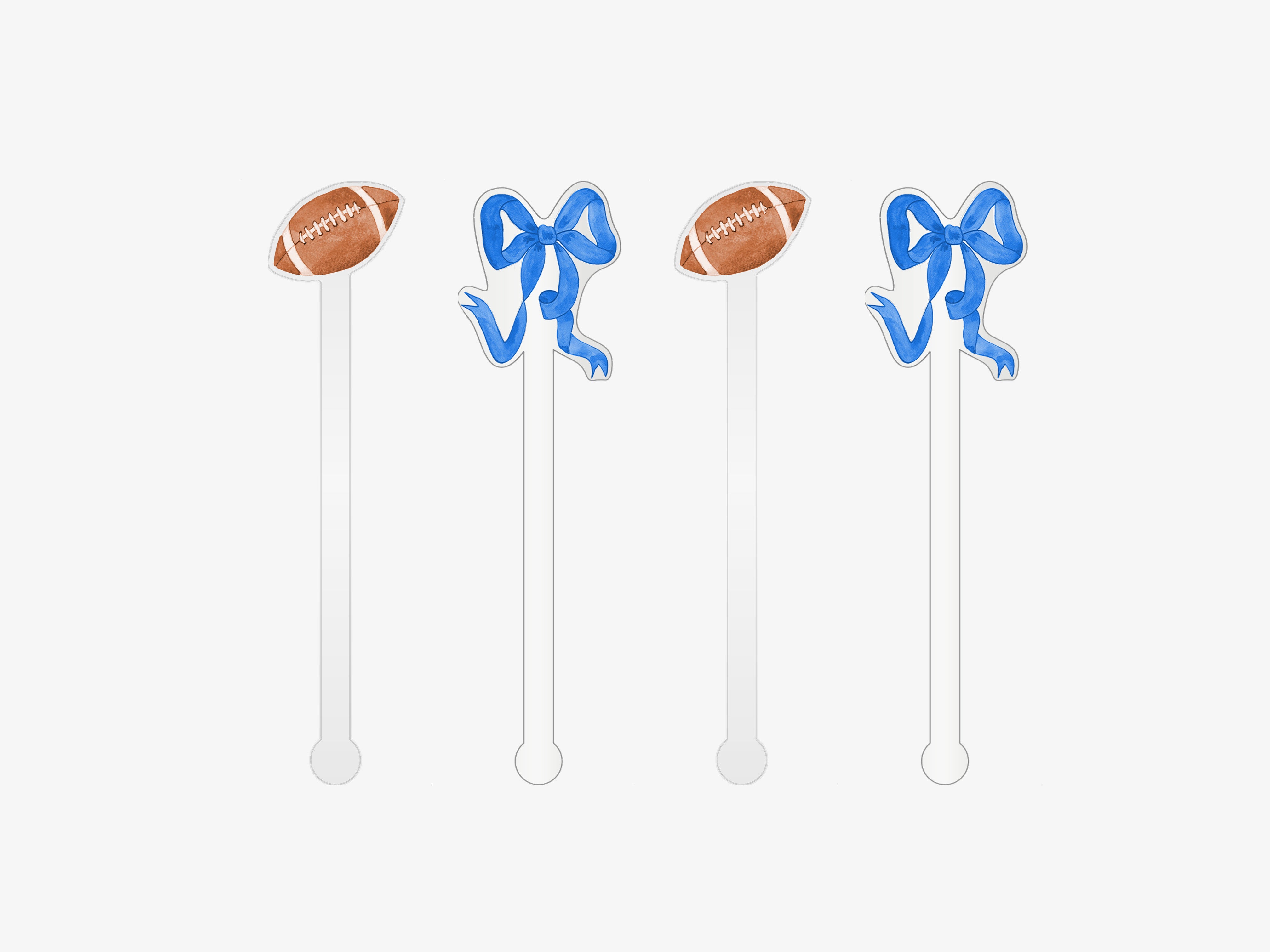 four white stick holders with blue ribbons and footballs on them.