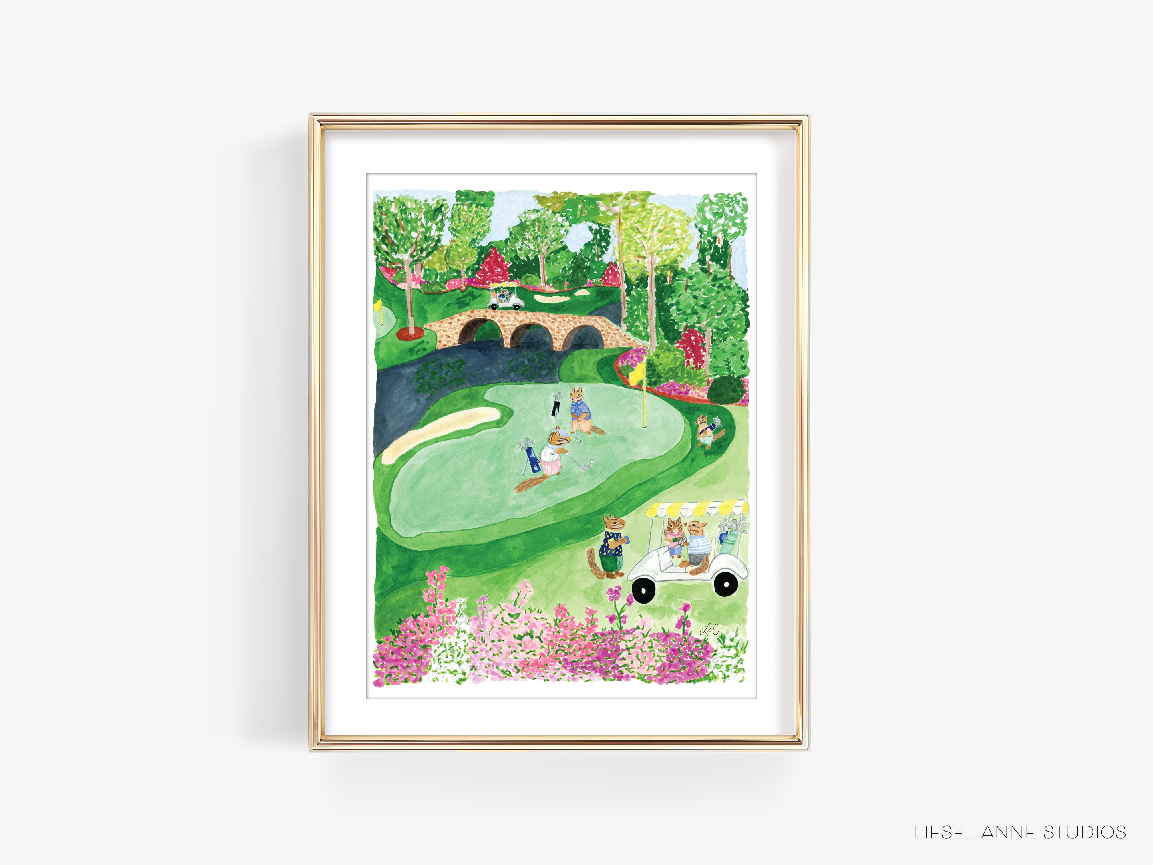 a painting of a golf course with a bridge in the background