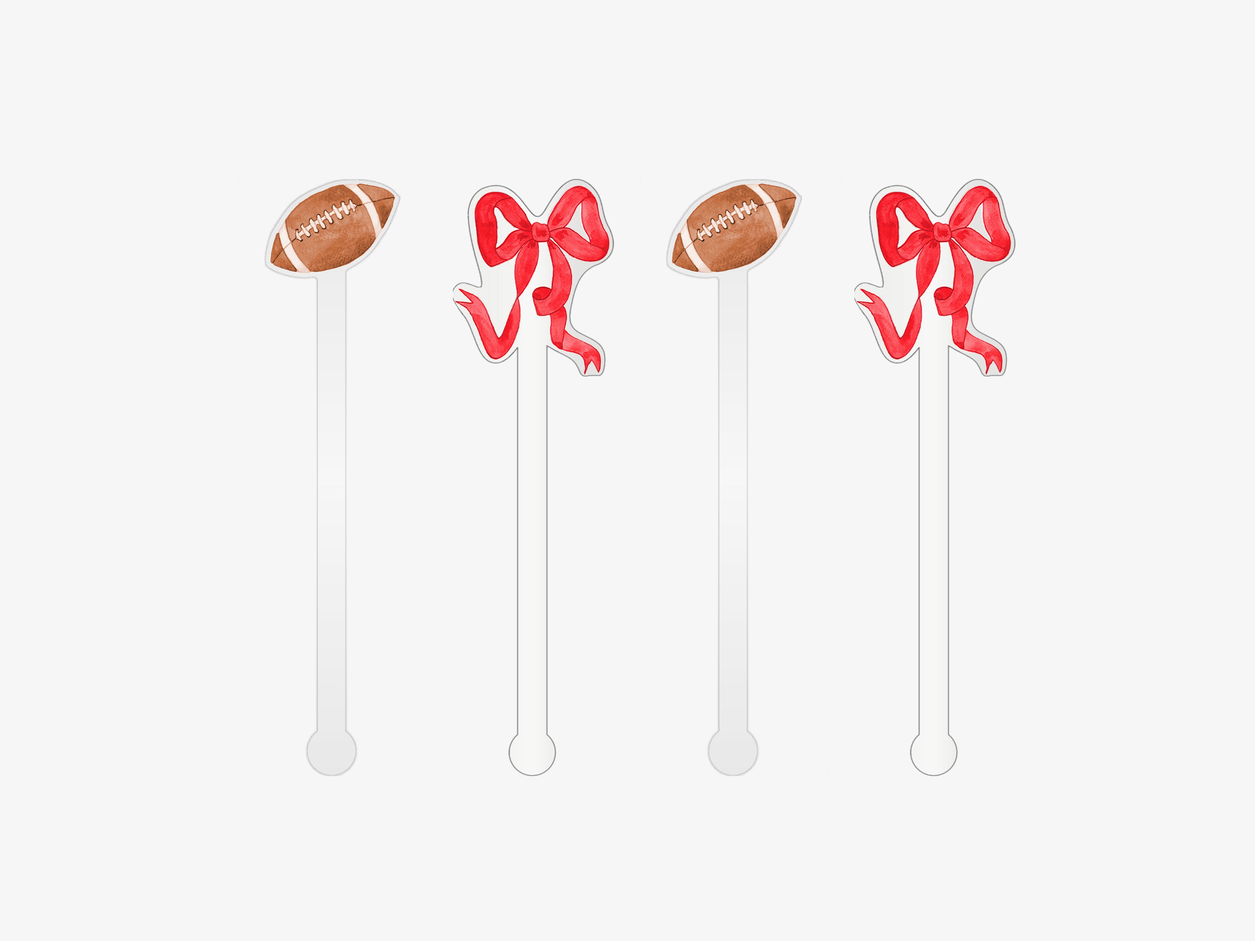 four white stick holders with red ribbons and football images on them.