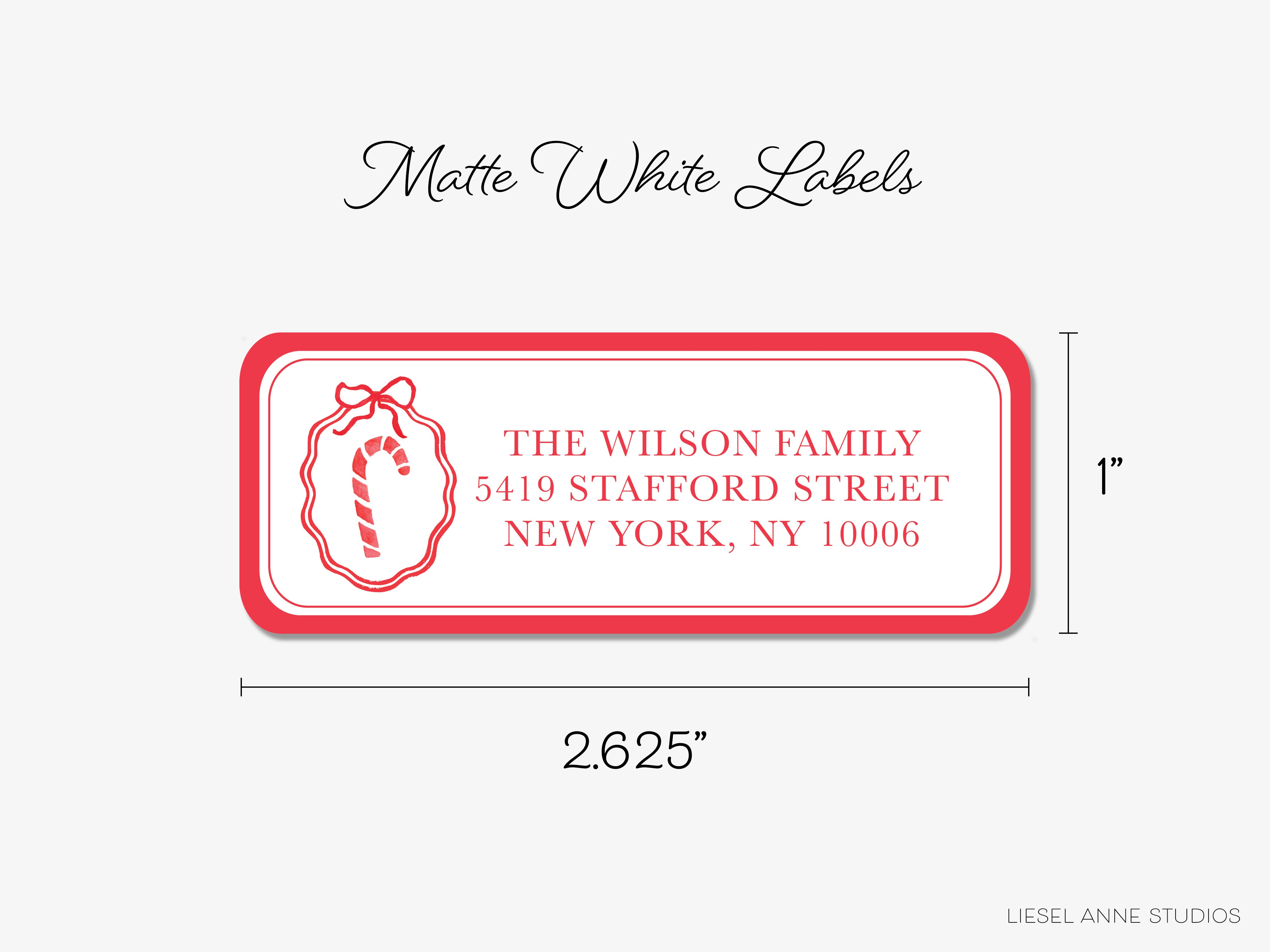 The image is a label for a package, with a red and white design and dimensions provided.