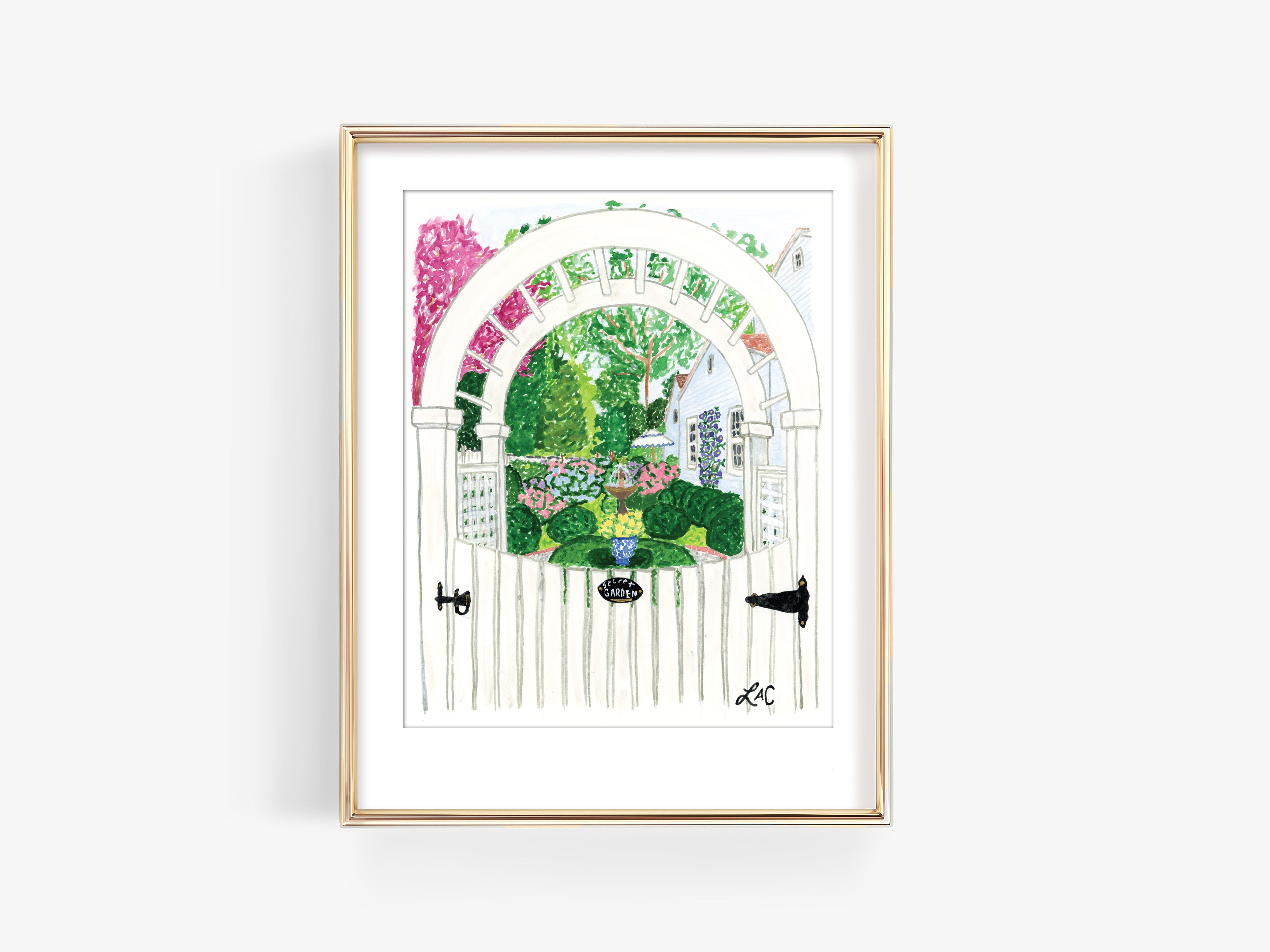 The image is a framed painting depicting a white wooden gate with a colorful archway, surrounded by a lush garden with various flowers and plants.