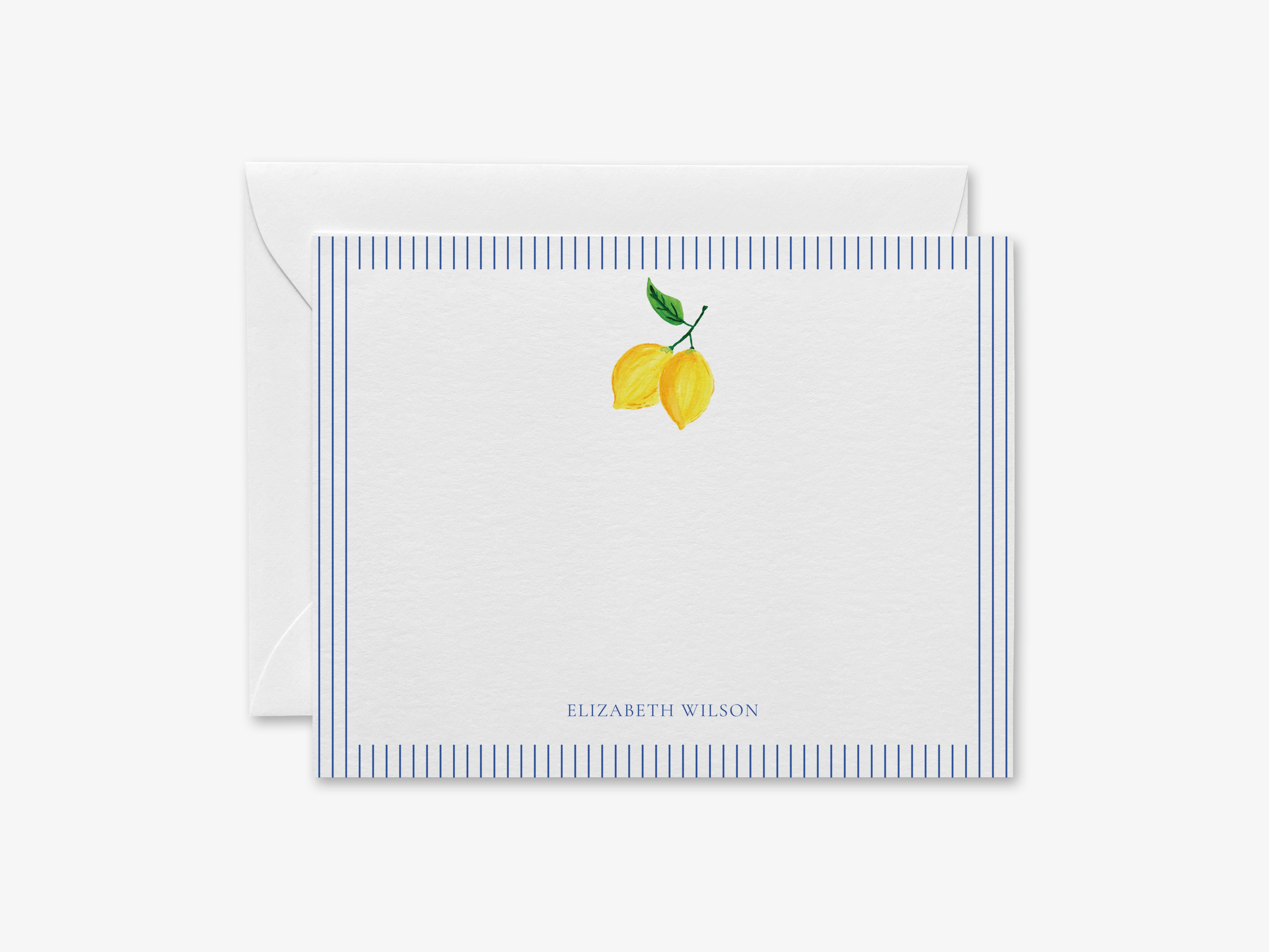 A white card with a blue border and a yellow lemon graphic on it.