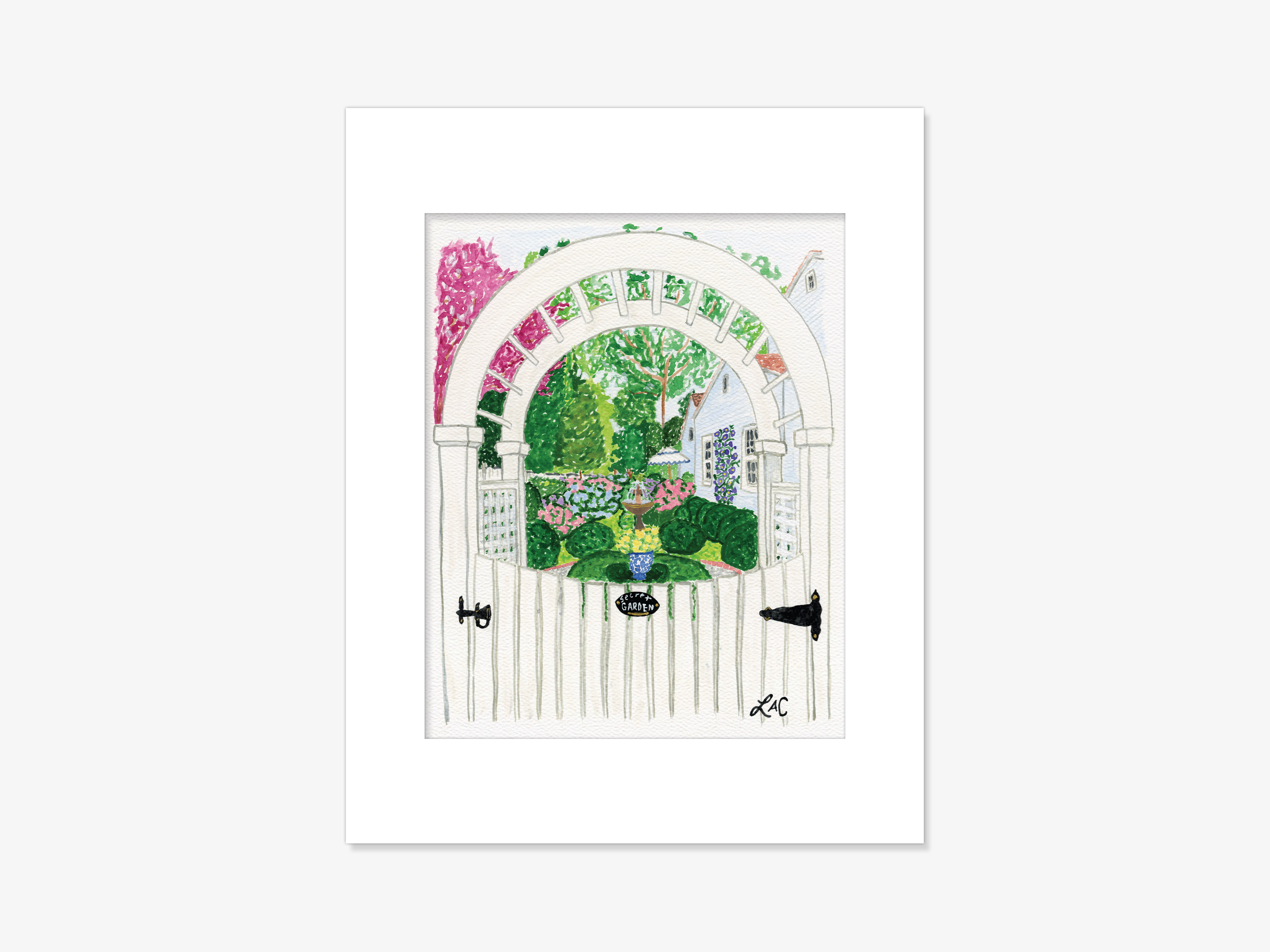 A framed illustration depicting a white archway with a lush garden scene beyond it, including a fountain and various plants.