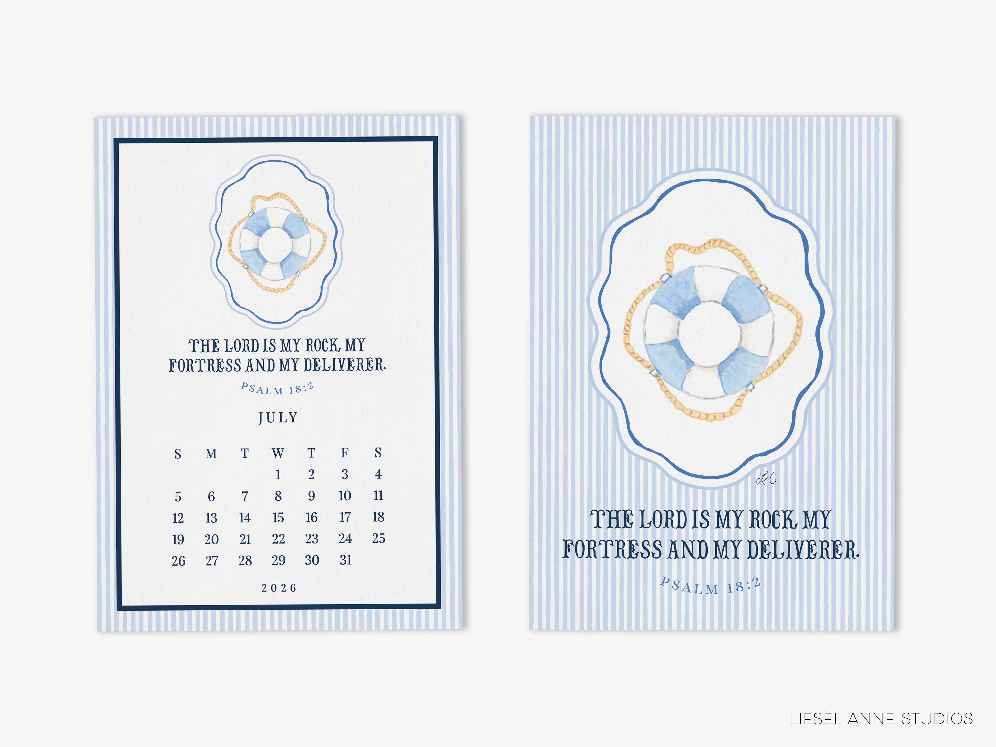 The image is a calendar featuring a blue and white design with a life preserver and a Bible verse. The calendar displays the months of July and includes a Bible verse from Psalm 18:2-3.