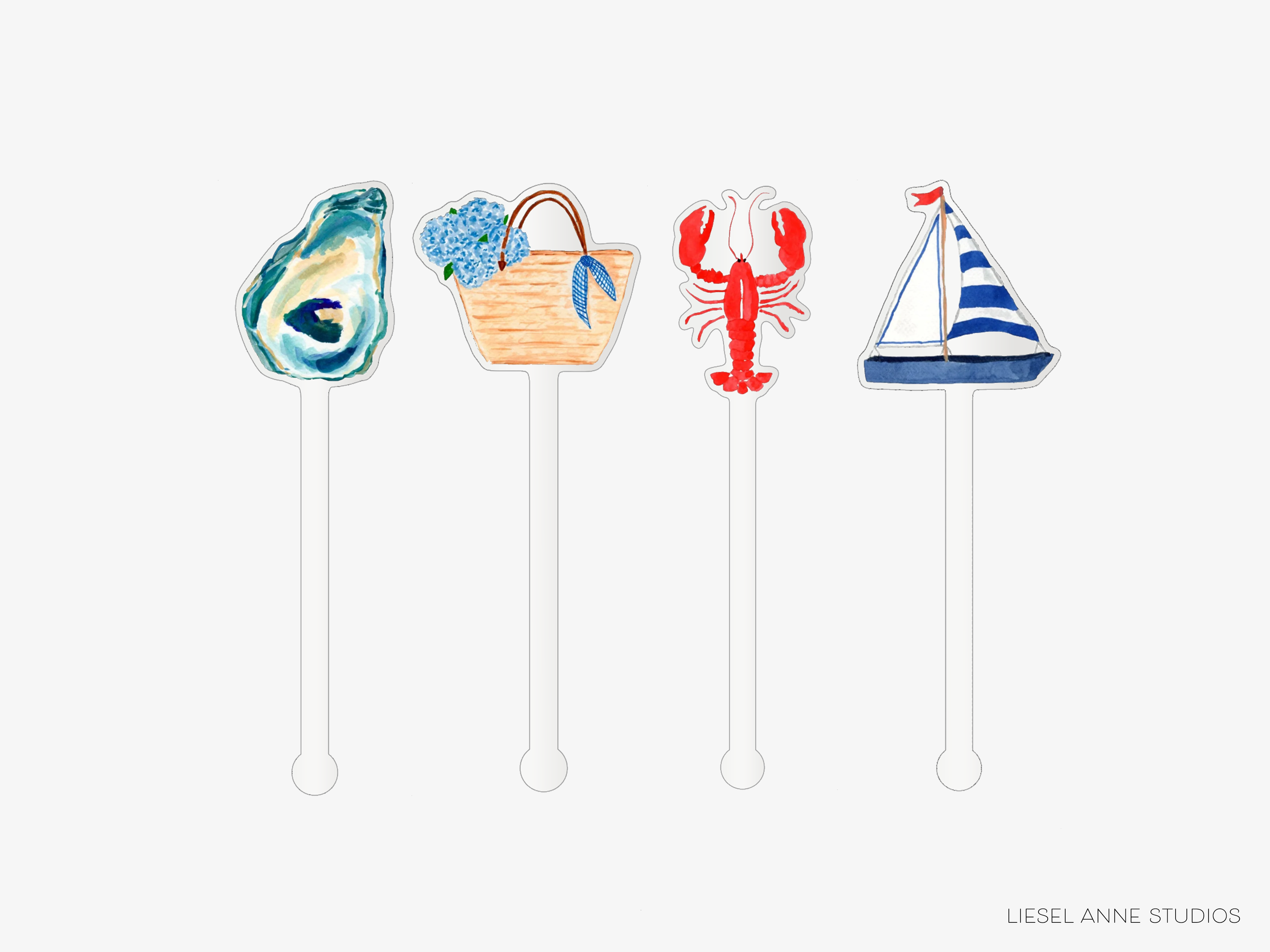 four colorful cocktail stirrers, each featuring a different nautical-themed design.