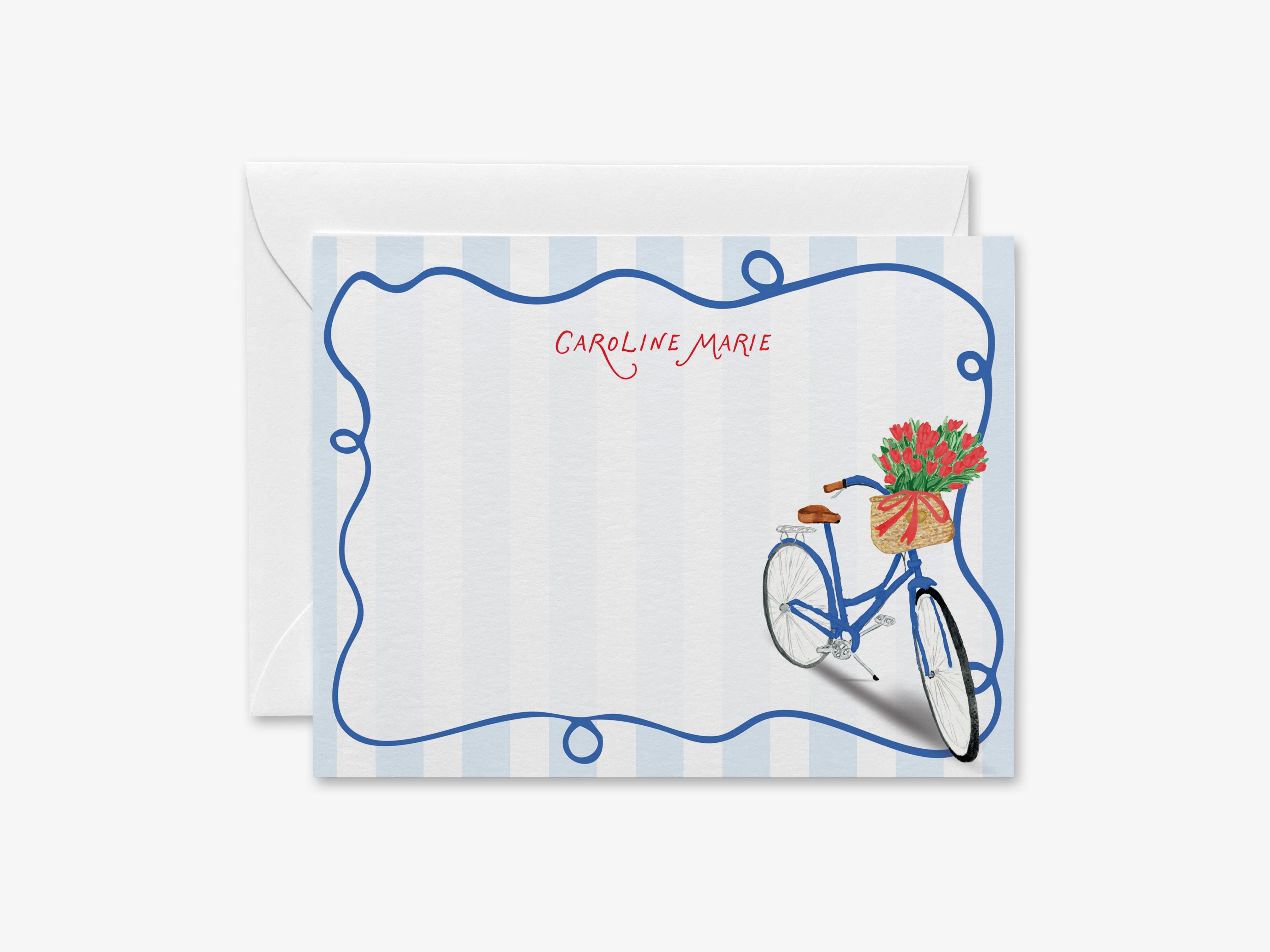 A personalized greeting card with a bicycle and a basket of flowers on the side.