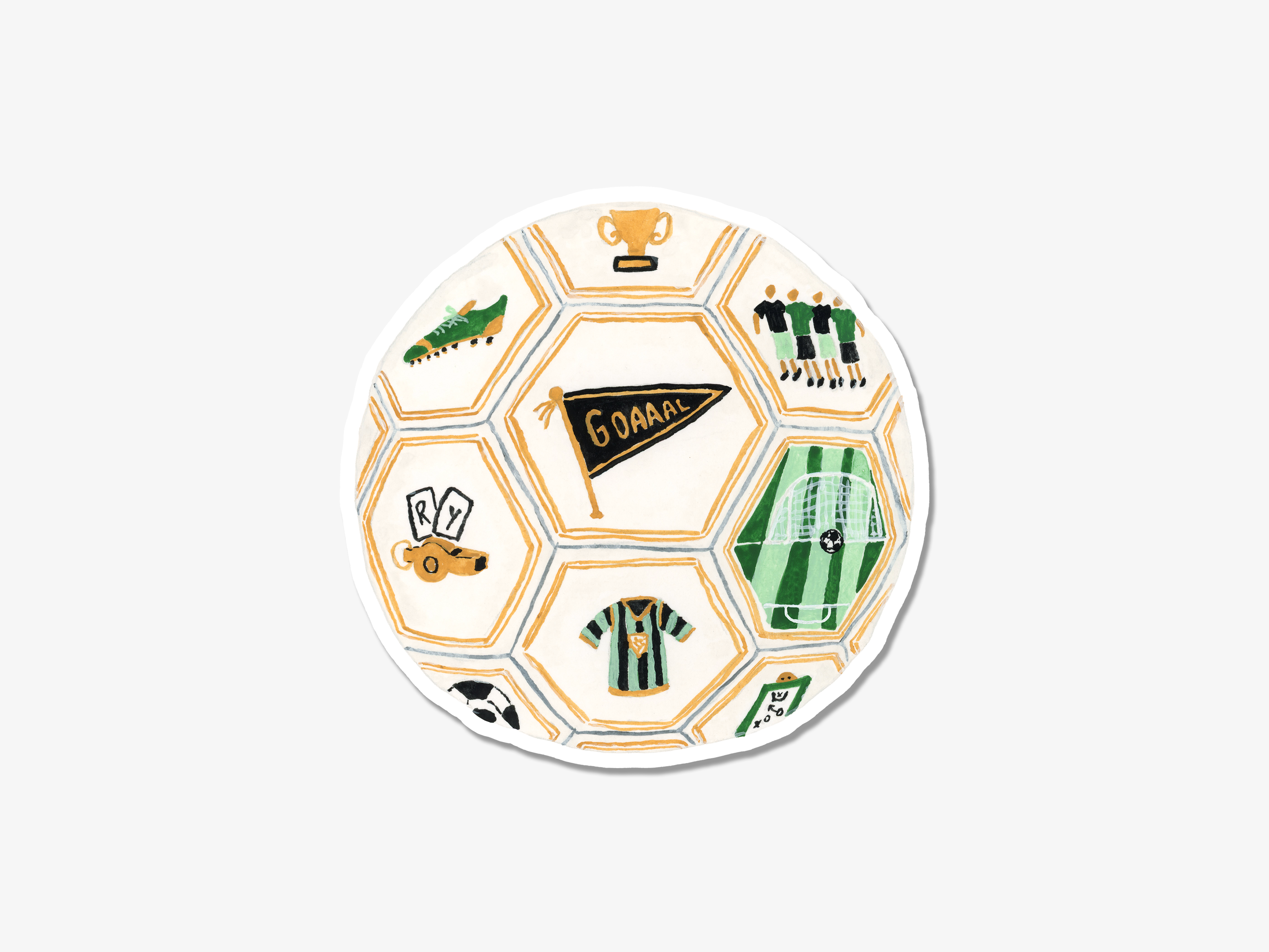 A sticker with various soccer-related icons and symbols, including a soccer ball, trophy, players, and other sports equipment.